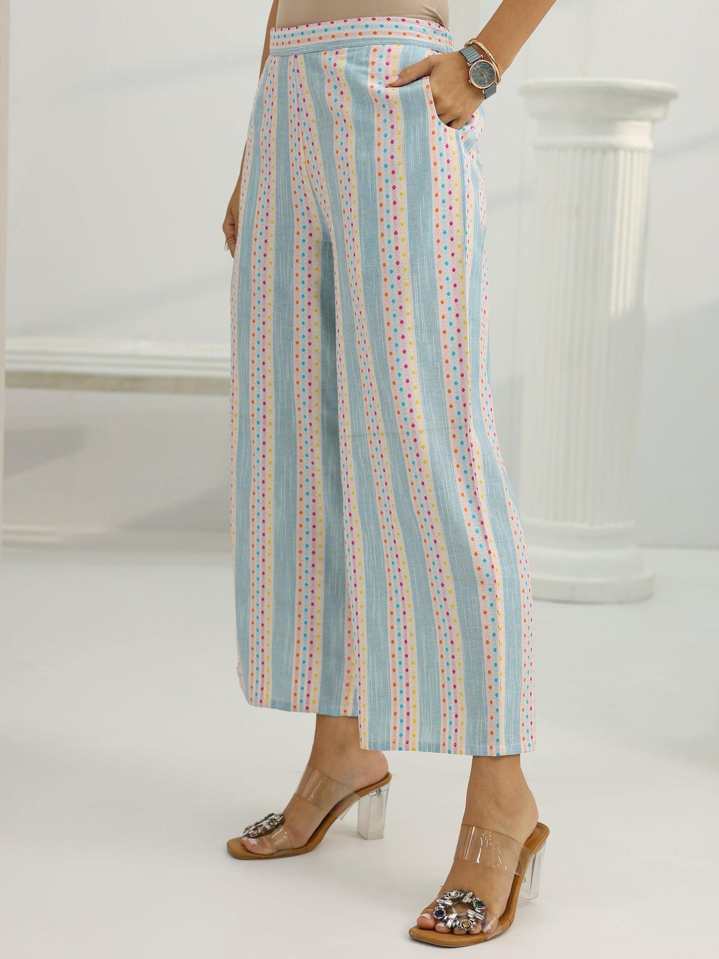 Blue Woven Design Cotton Blend Straight Suit Set With Dupatta