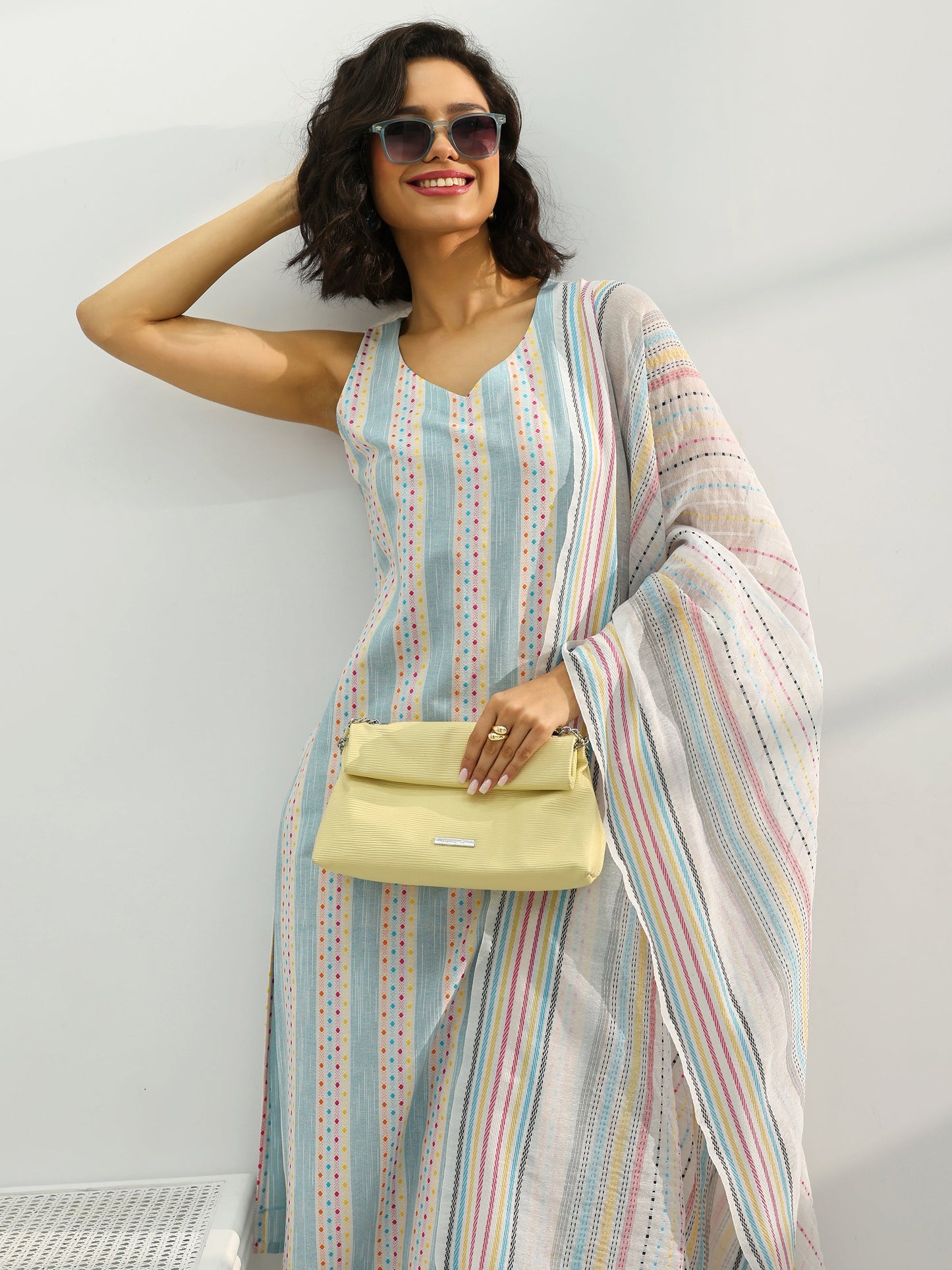 Blue Woven Design Cotton Blend Straight Suit Set With Dupatta