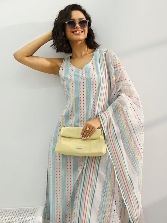 Blue Woven Design Cotton Blend Straight Suit Set With Dupatta