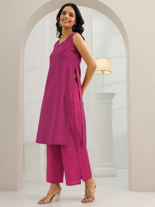 Pink Woven Design Cotton Blend Straight Suit Set With Dupatta