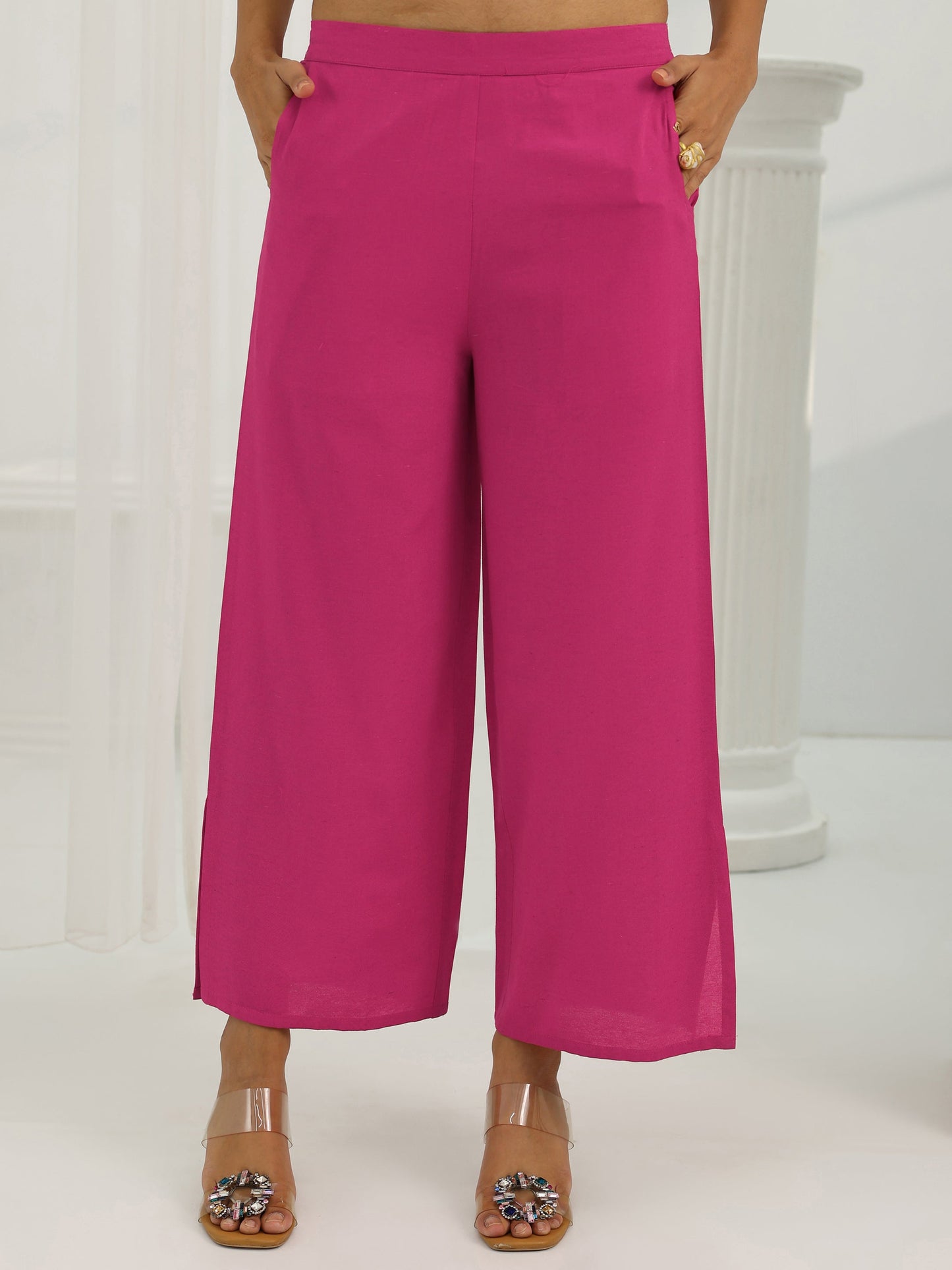 Pink Woven Design Cotton Blend Straight Suit Set With Dupatta