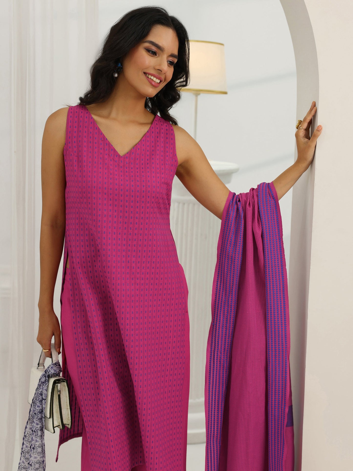 Pink Woven Design Cotton Blend Straight Suit Set With Dupatta