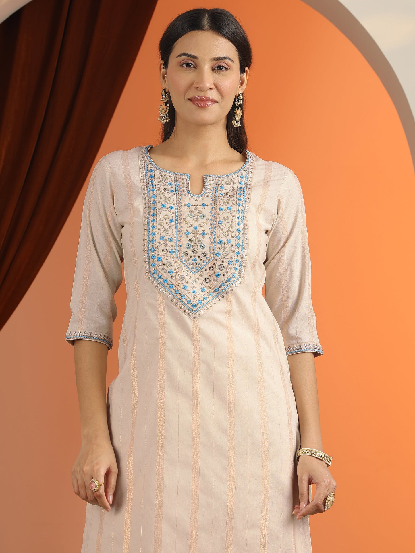Off White Embroidered Cotton Blend Straight Suit Set With Dupatta