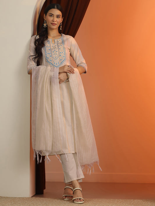 Off White Embroidered Cotton Blend Straight Suit Set With Dupatta