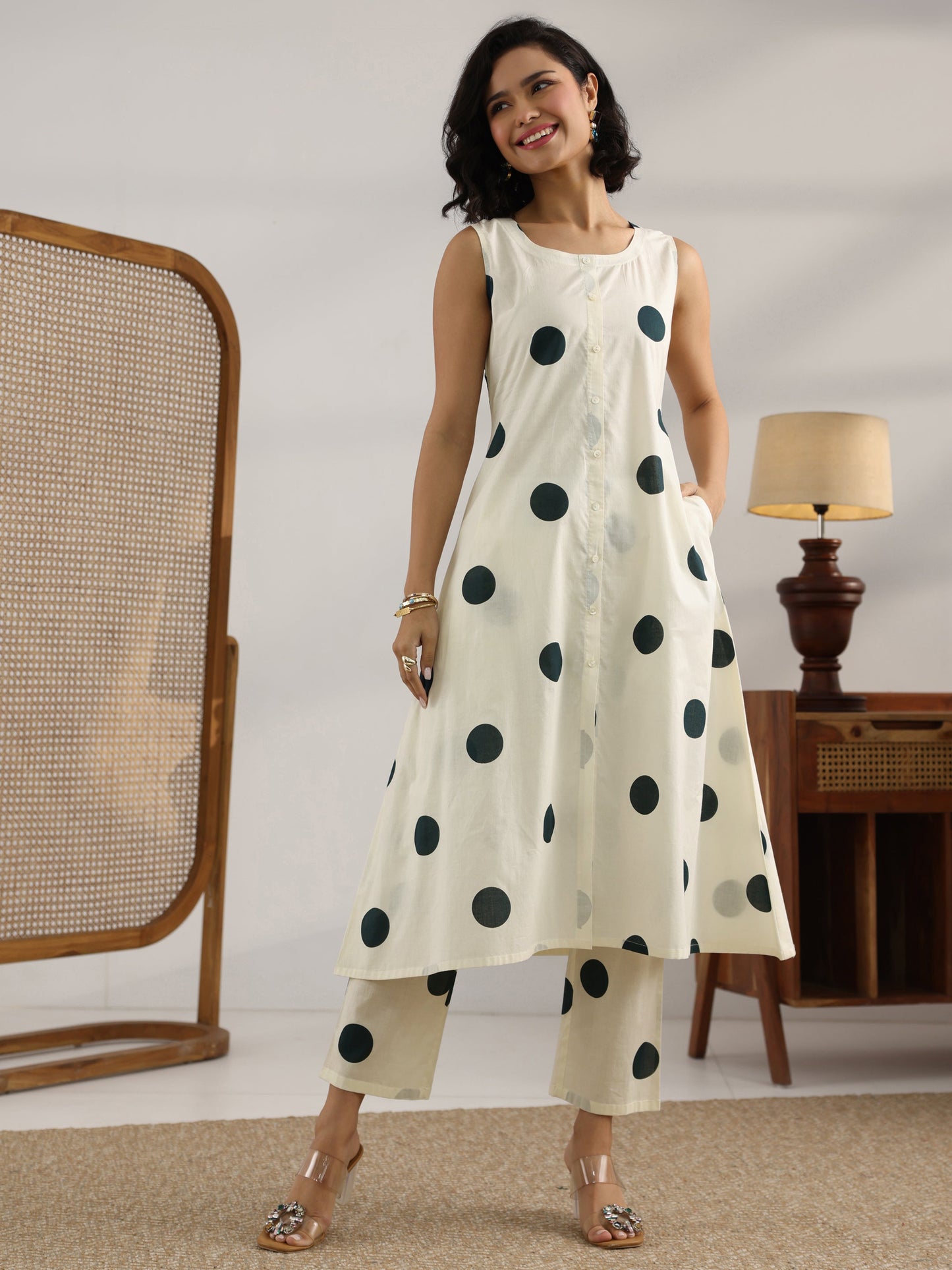 Off White Printed Cotton A-Line Kurta Set