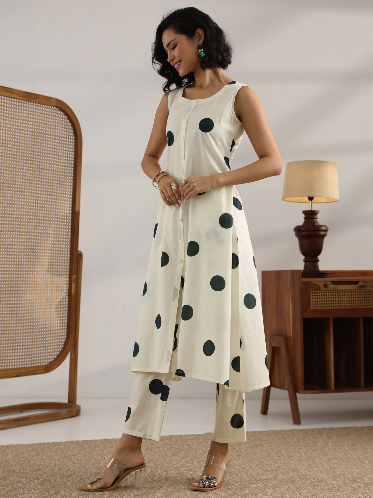 Off White Printed Cotton A-Line Kurta Set