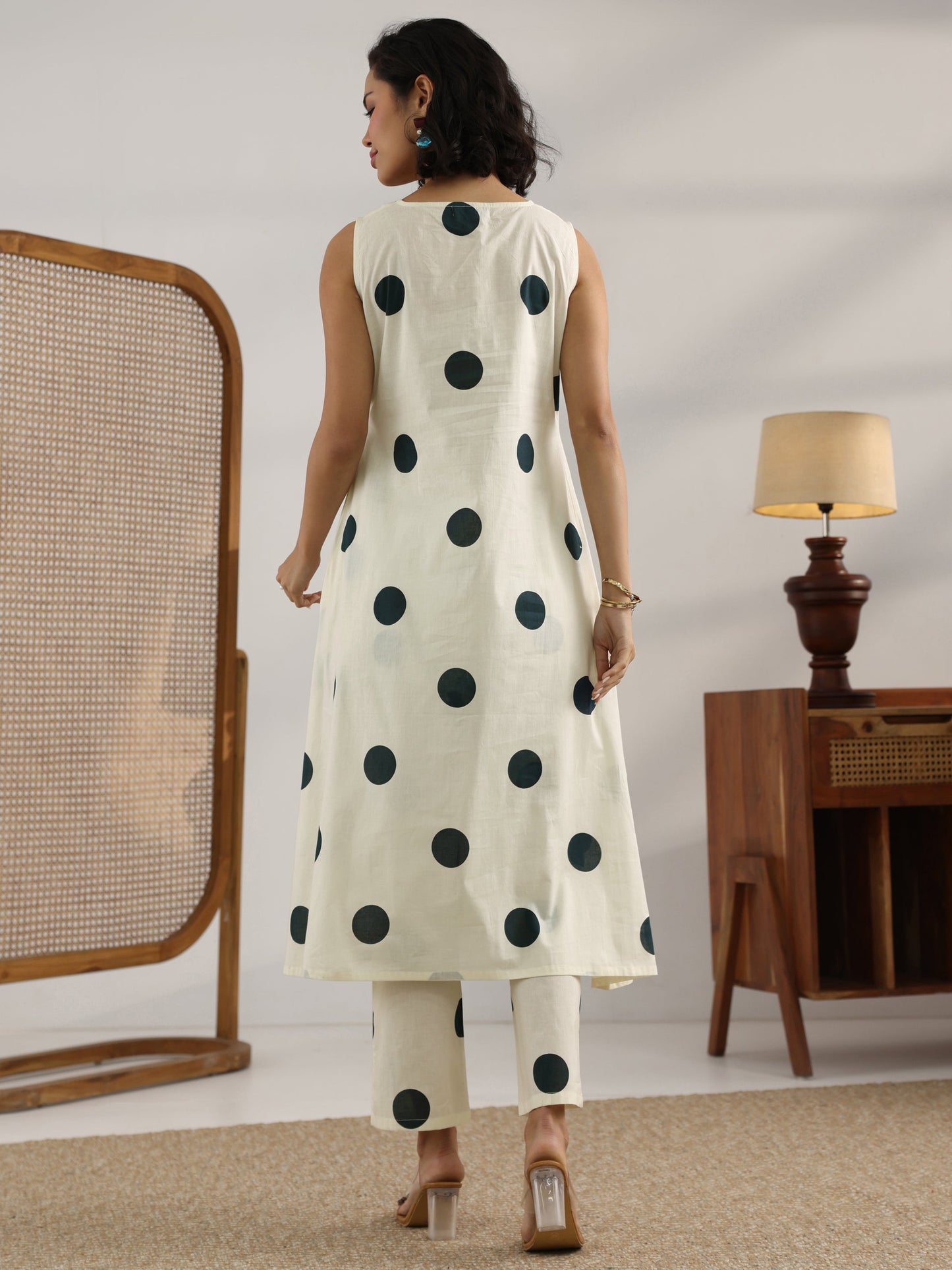 Off White Printed Cotton A-Line Kurta Set