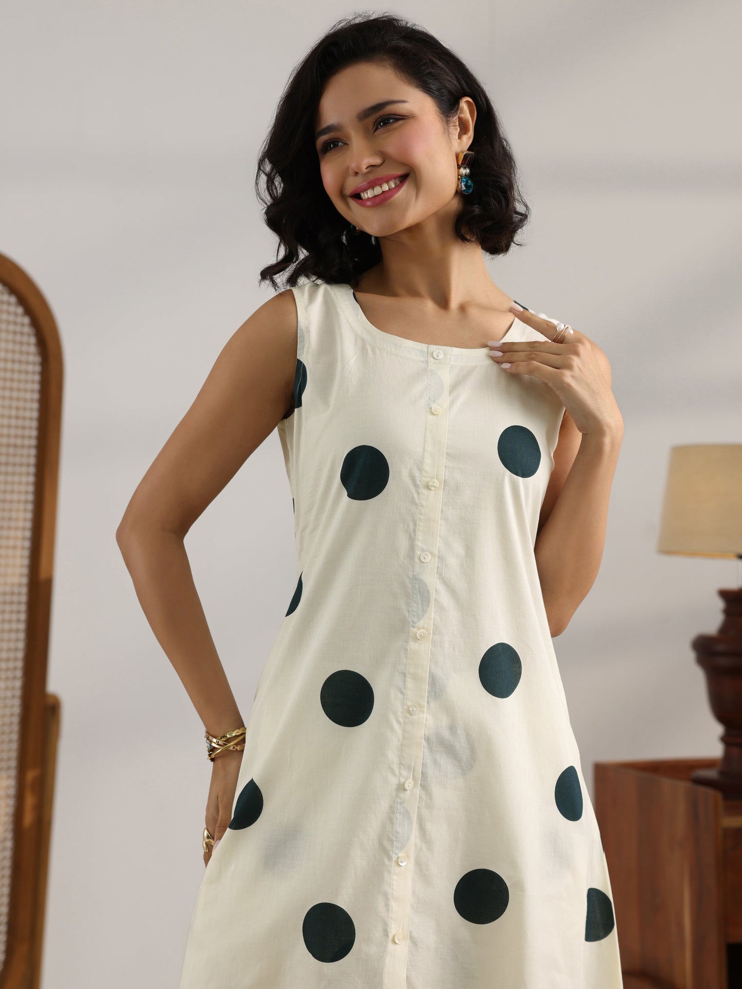 Off White Printed Cotton A-Line Kurta Set