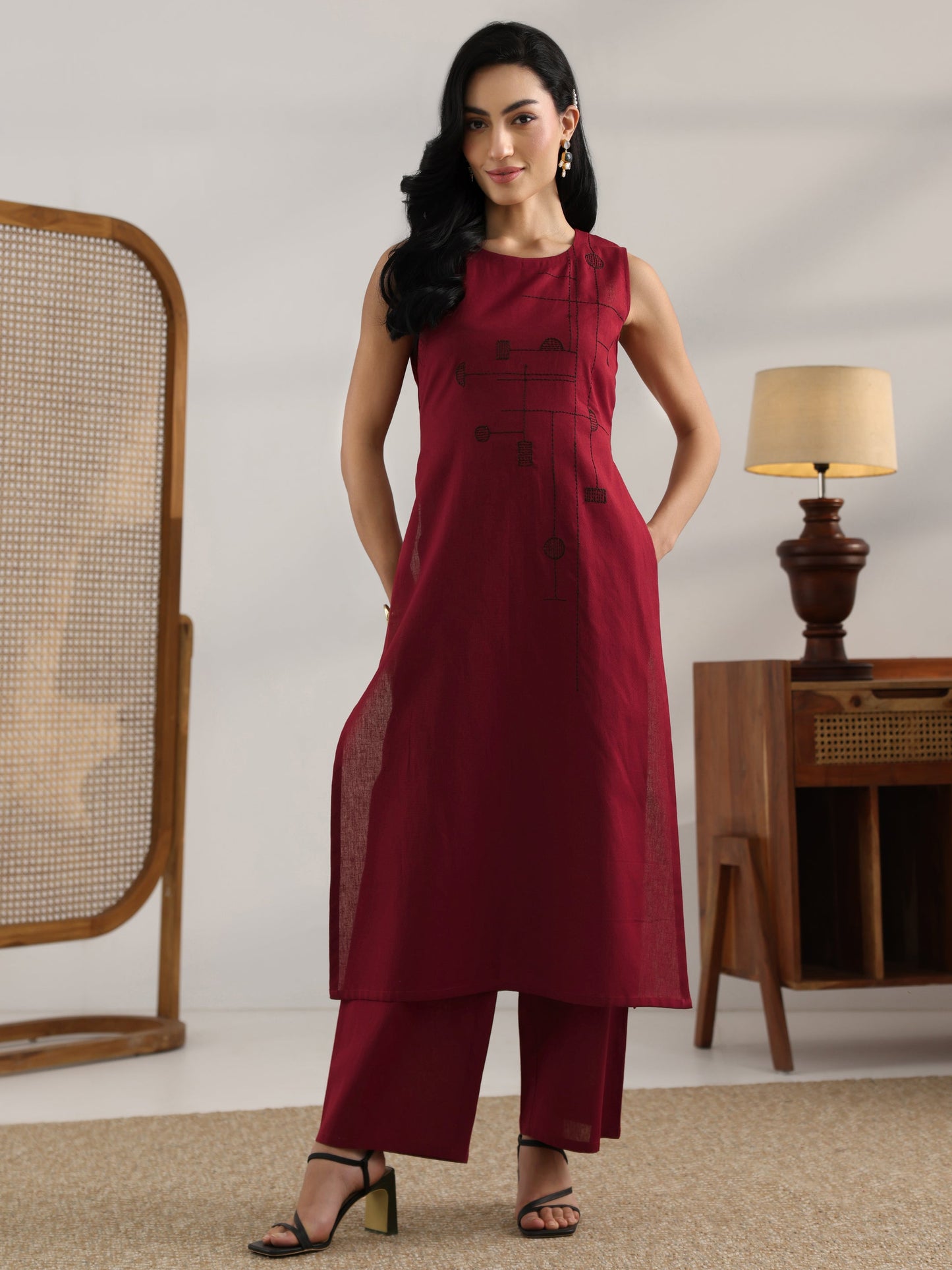 Maroon Embroidered Cotton Straight Kurta Set