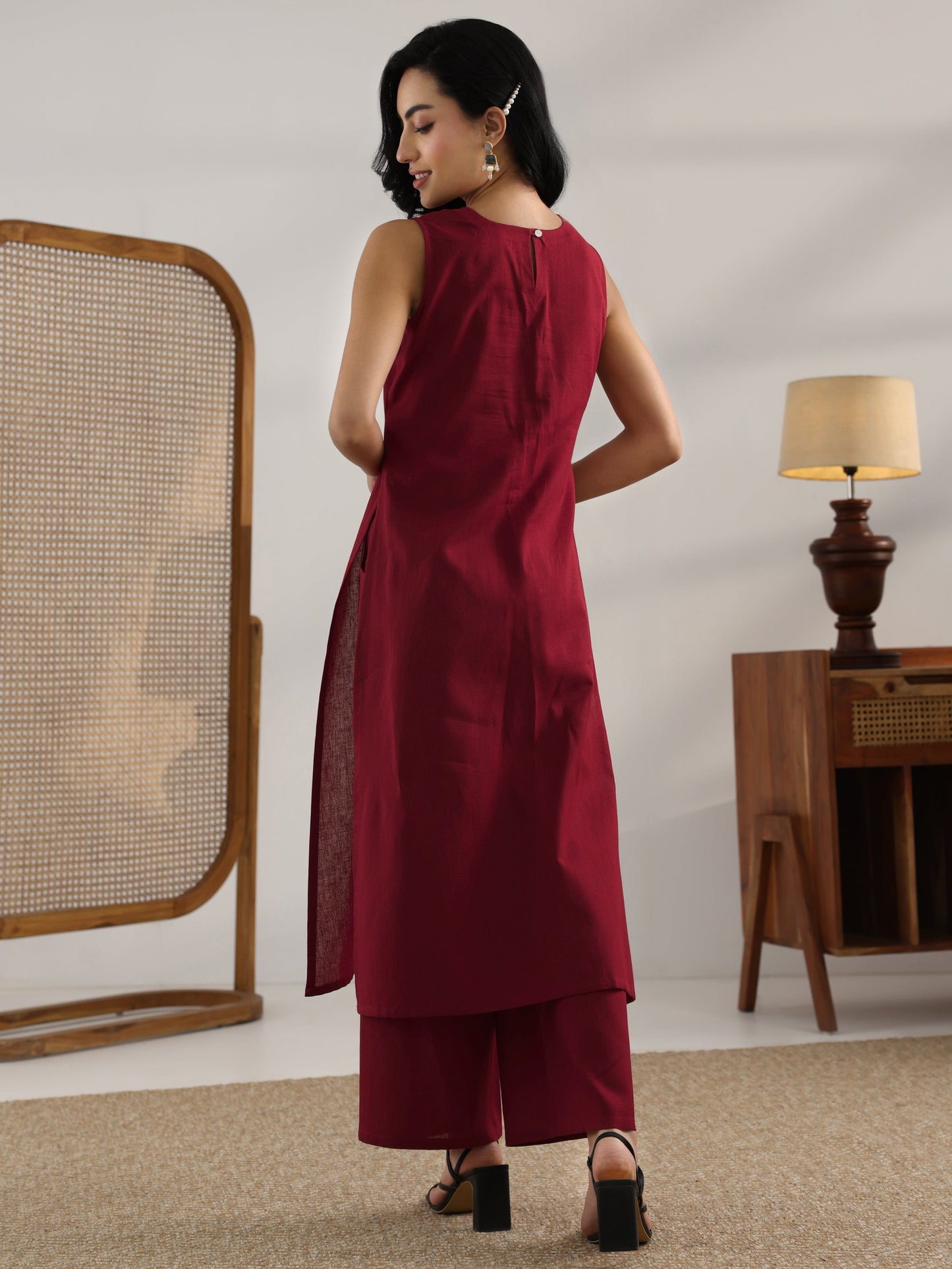 Maroon Embroidered Cotton Straight Kurta Set