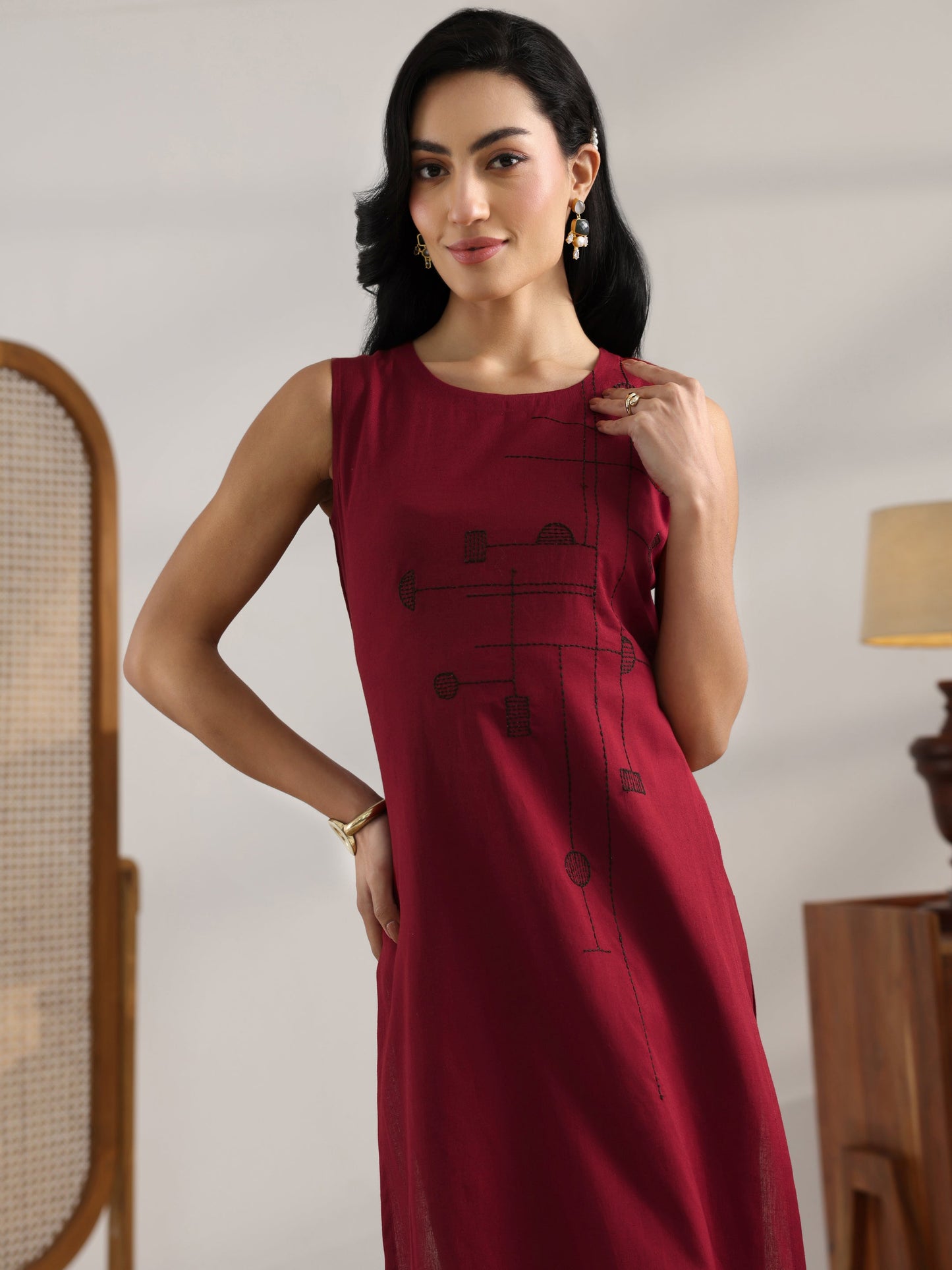 Maroon Embroidered Cotton Straight Kurta Set