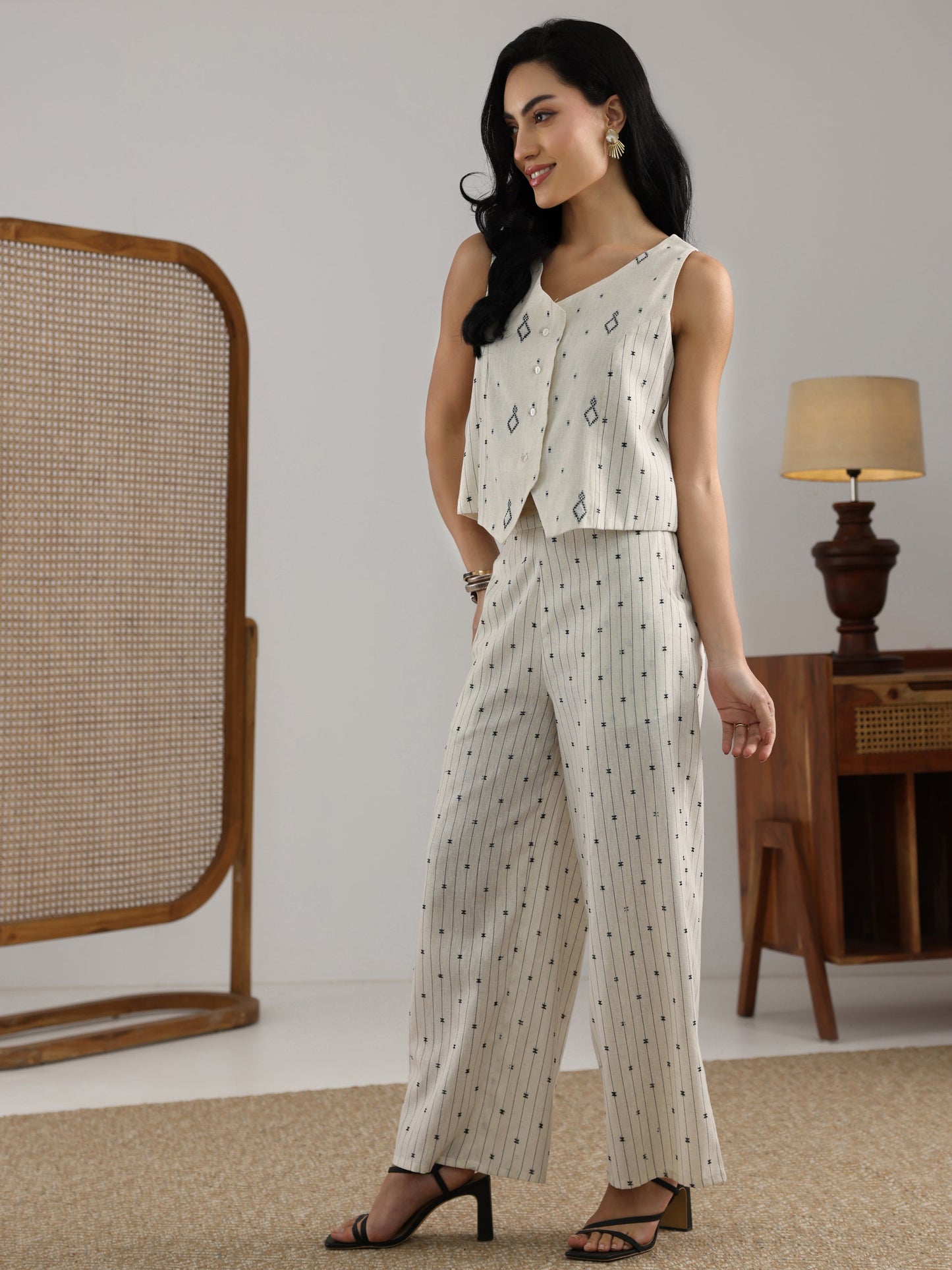 Off White Woven Design Cotton Blend  Co-Ord Set