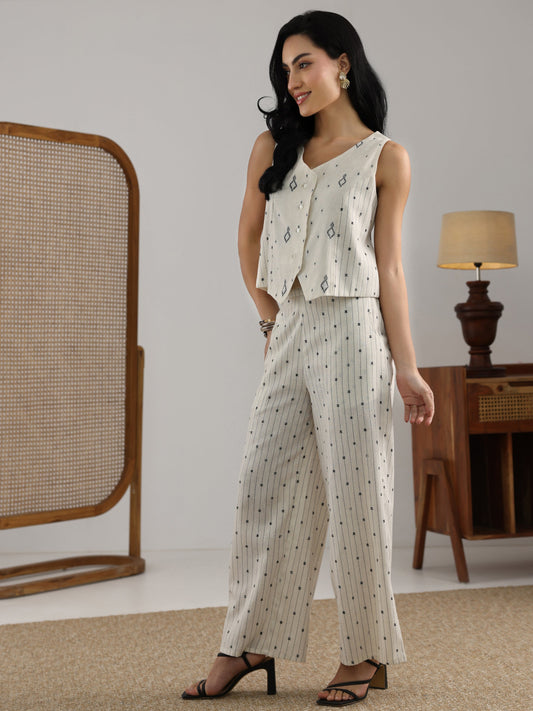 Off White Woven Design Cotton Blend  Co-Ord Set