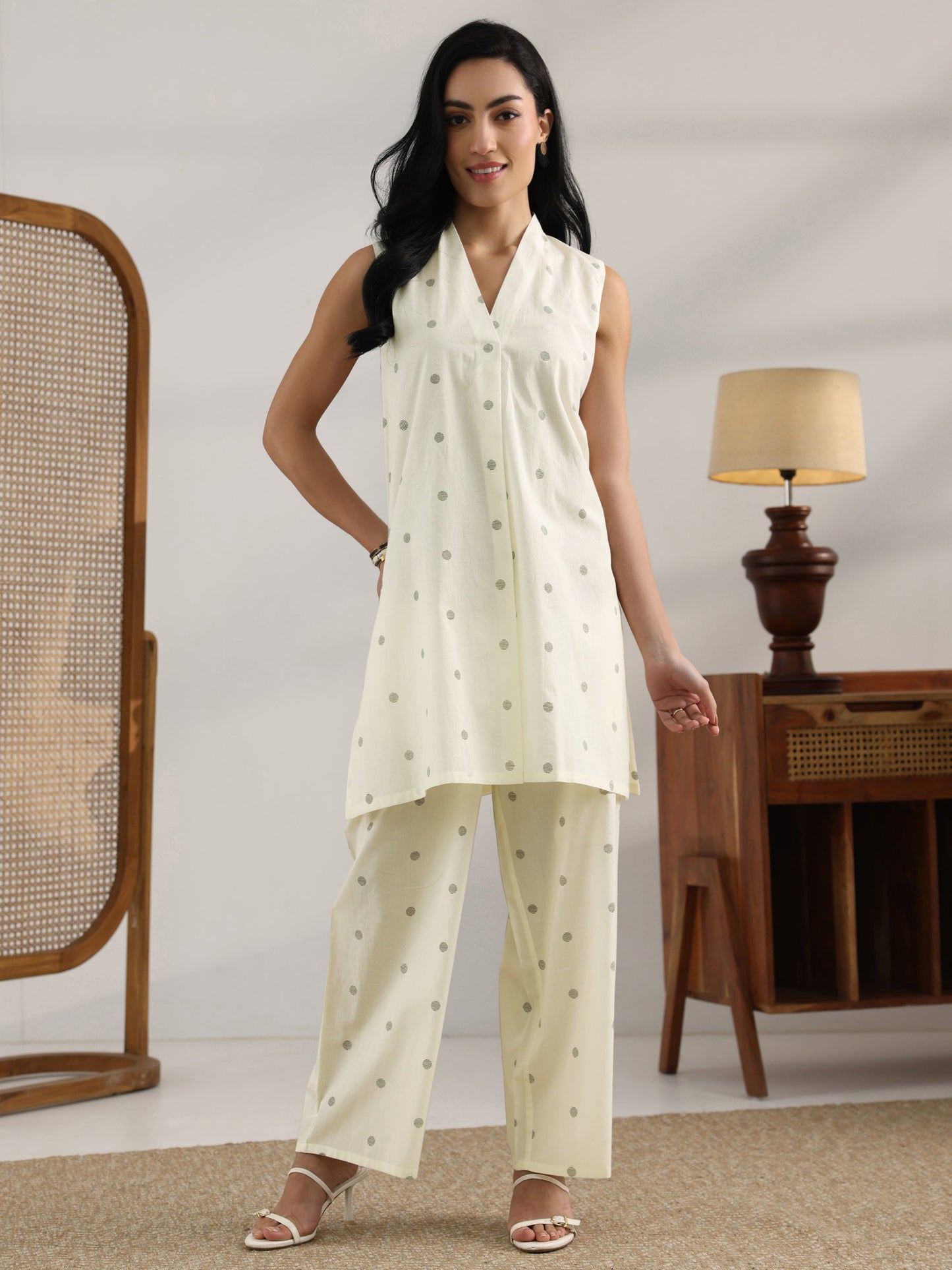 Off White Printed Cotton Straight Kurta Set