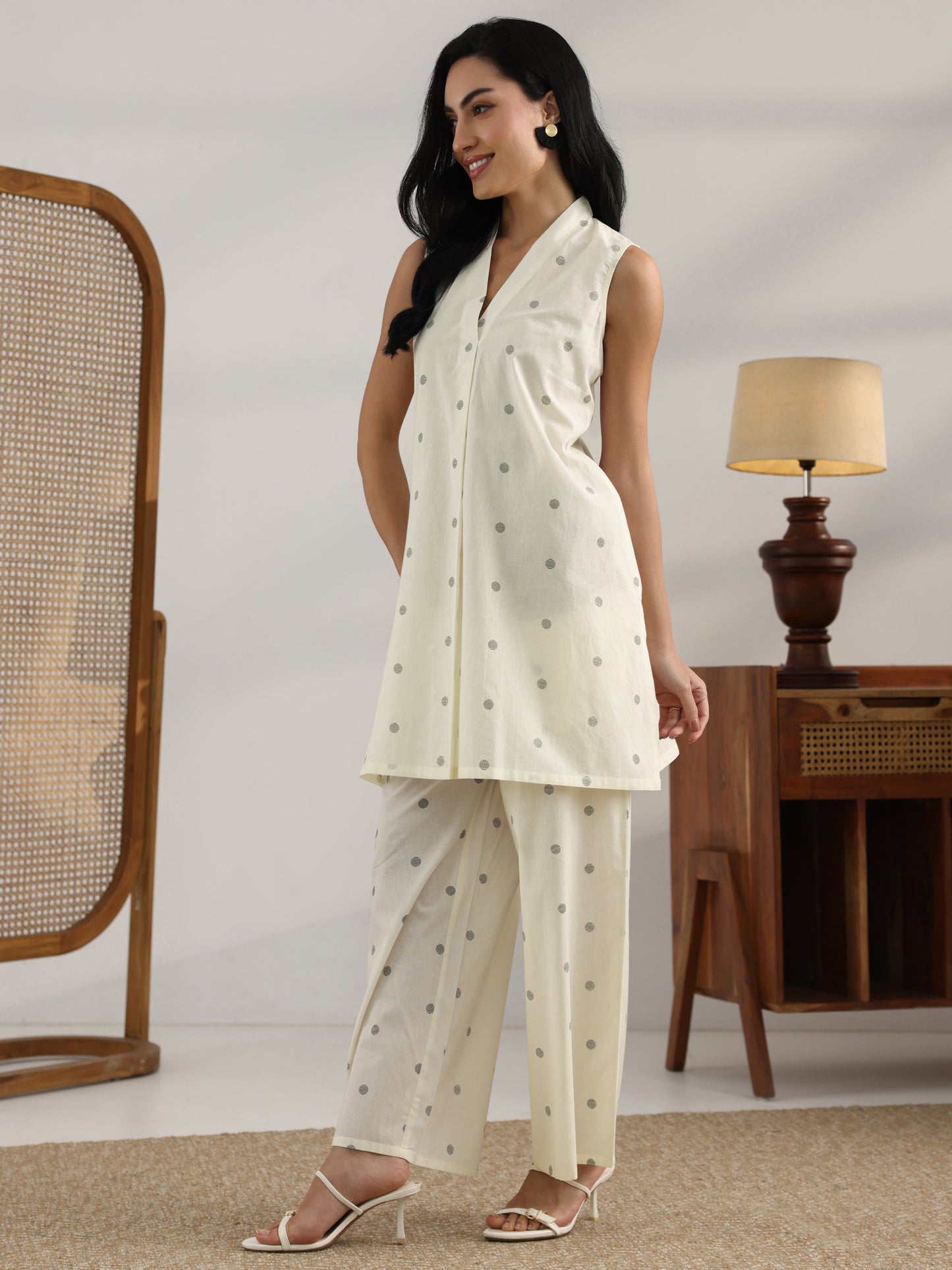 Off White Printed Cotton Straight Kurta Set