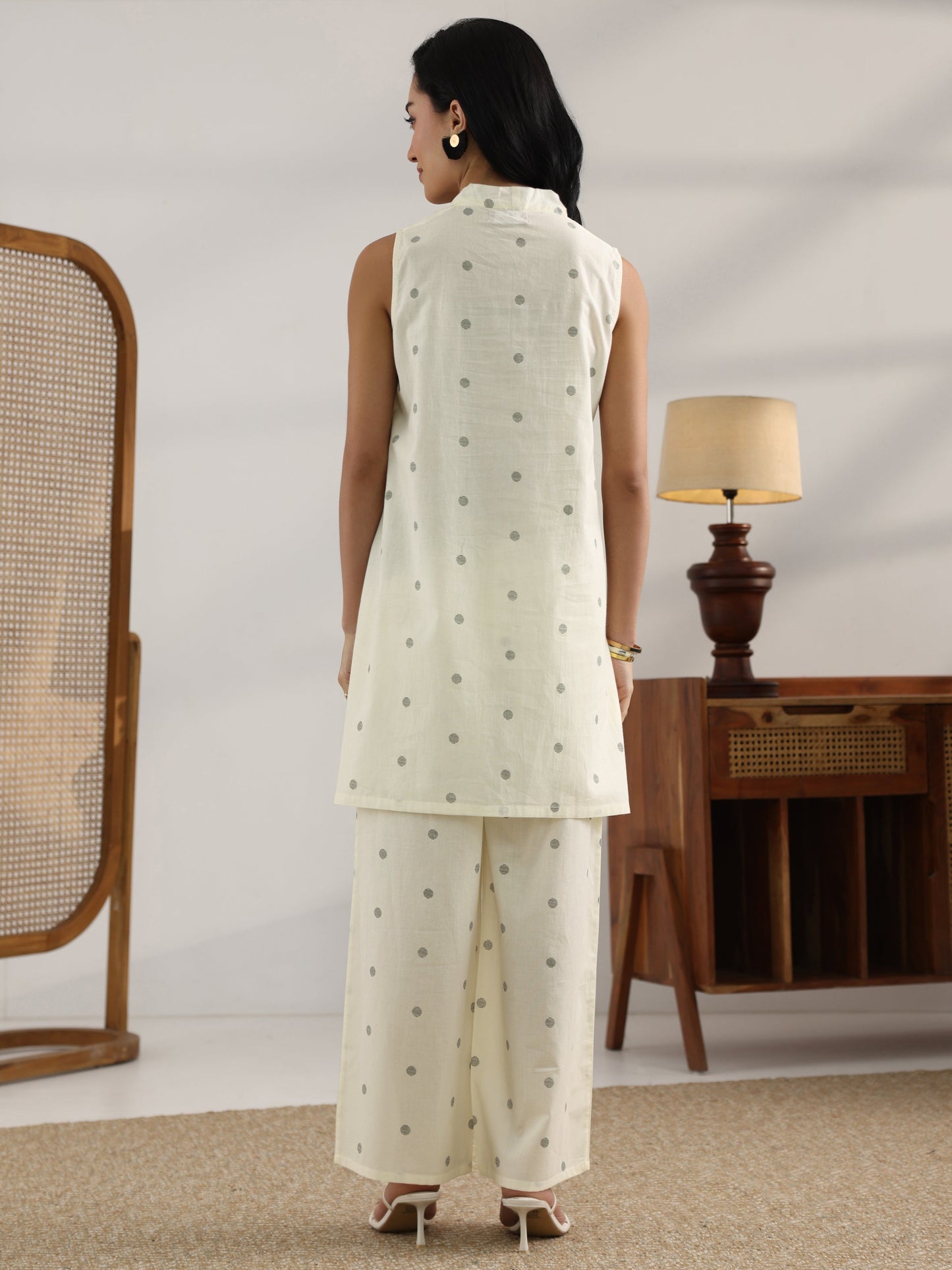 Off White Printed Cotton Straight Kurta Set