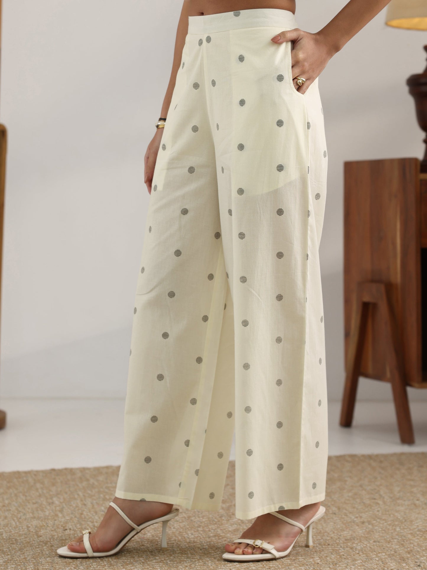 Off White Printed Cotton Straight Kurta Set