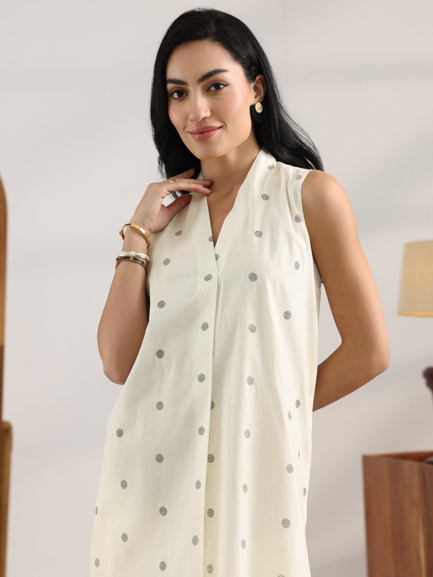 Off White Printed Cotton Straight Kurta Set