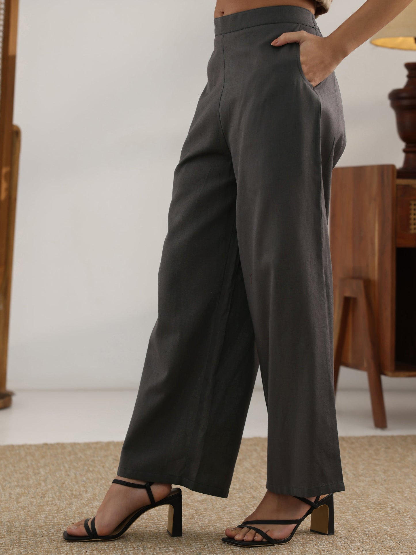 Grey Embroidered Cotton Straight Kurta Set