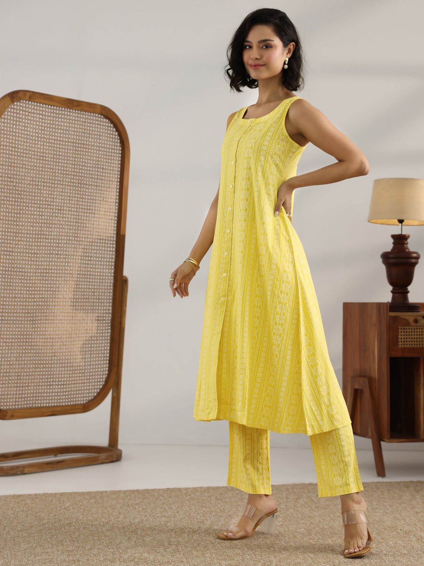 Yellow Printed Rayon A-Line Kurta Set