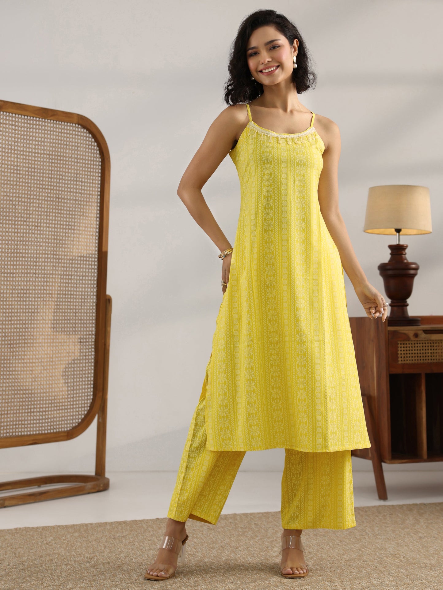 Yellow Printed Rayon A-Line Kurta Set