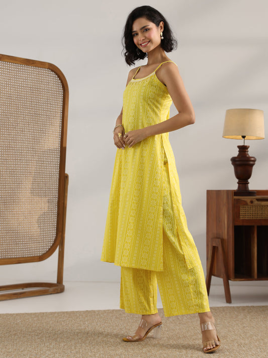 Yellow Printed Rayon A-Line Kurta Set