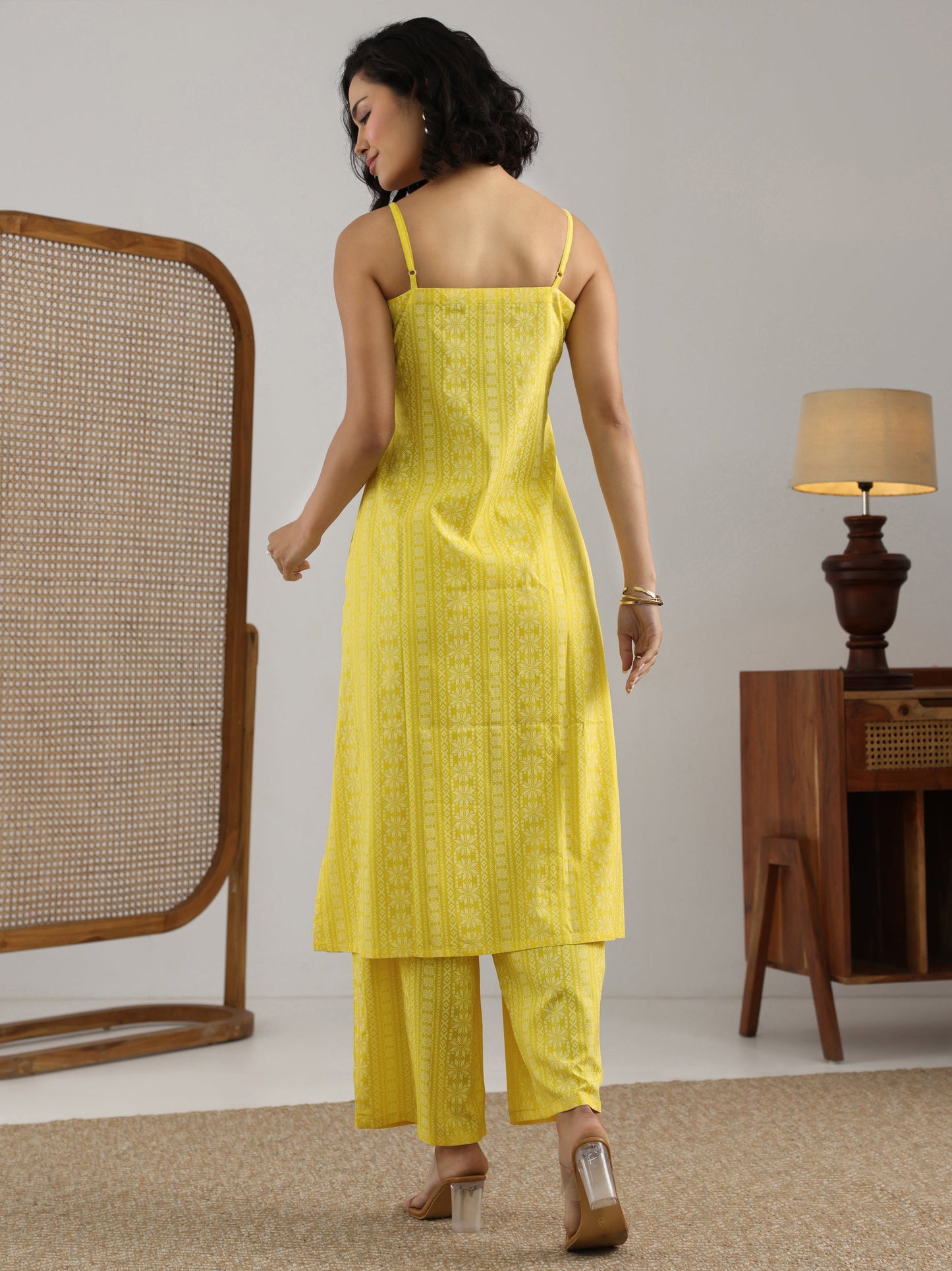 Yellow Printed Rayon A-Line Kurta Set