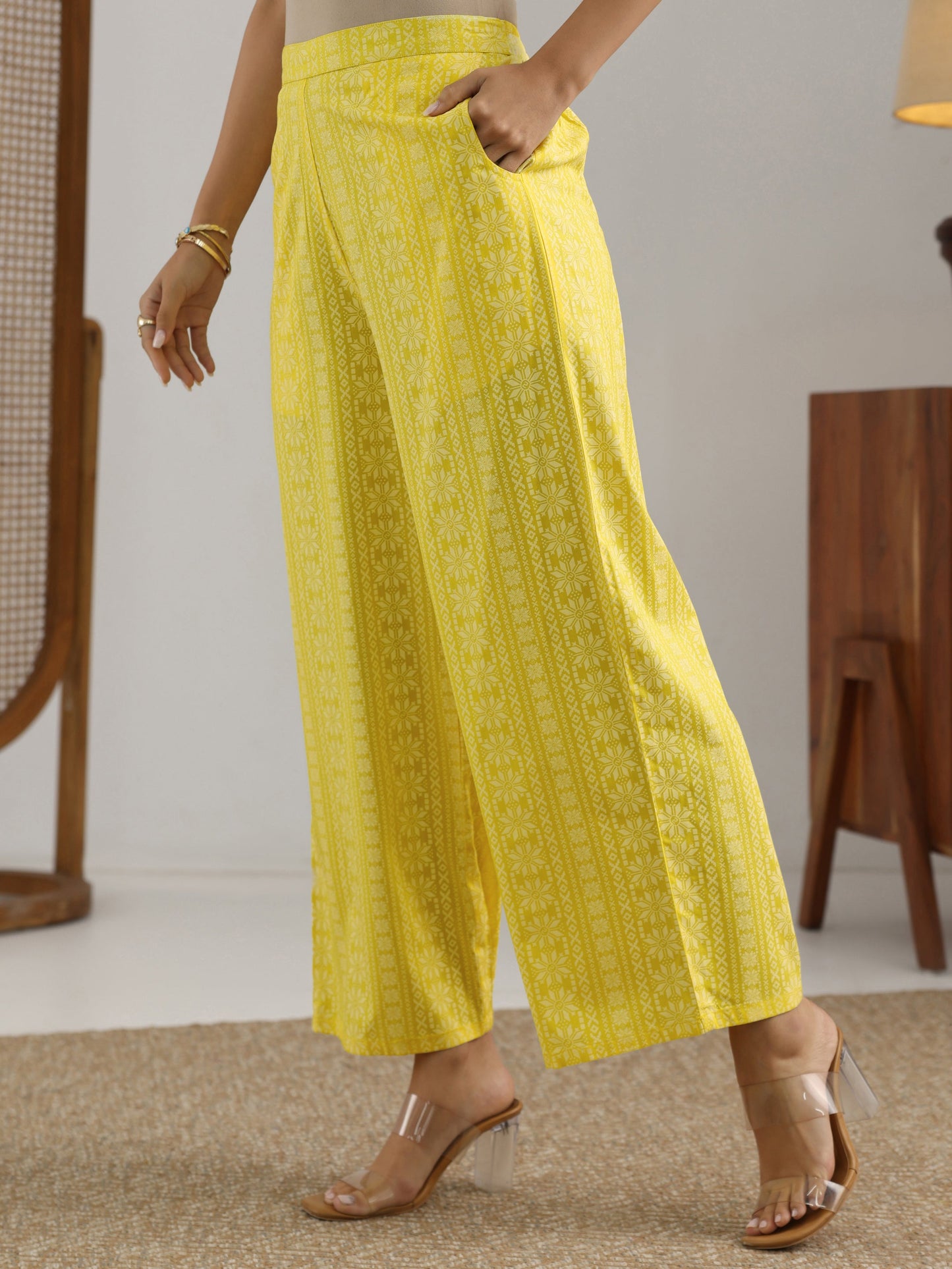 Yellow Printed Rayon A-Line Kurta Set