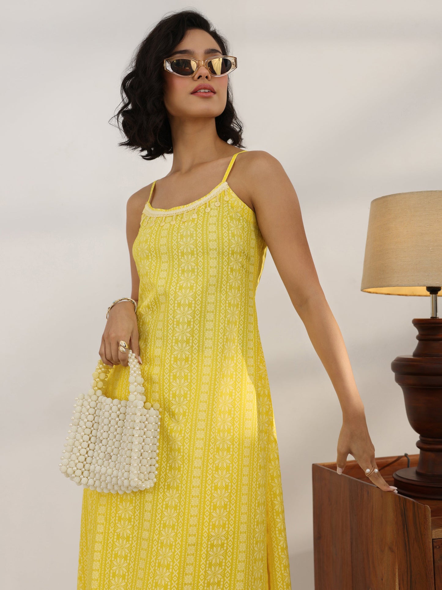 Yellow Printed Rayon A-Line Kurta Set