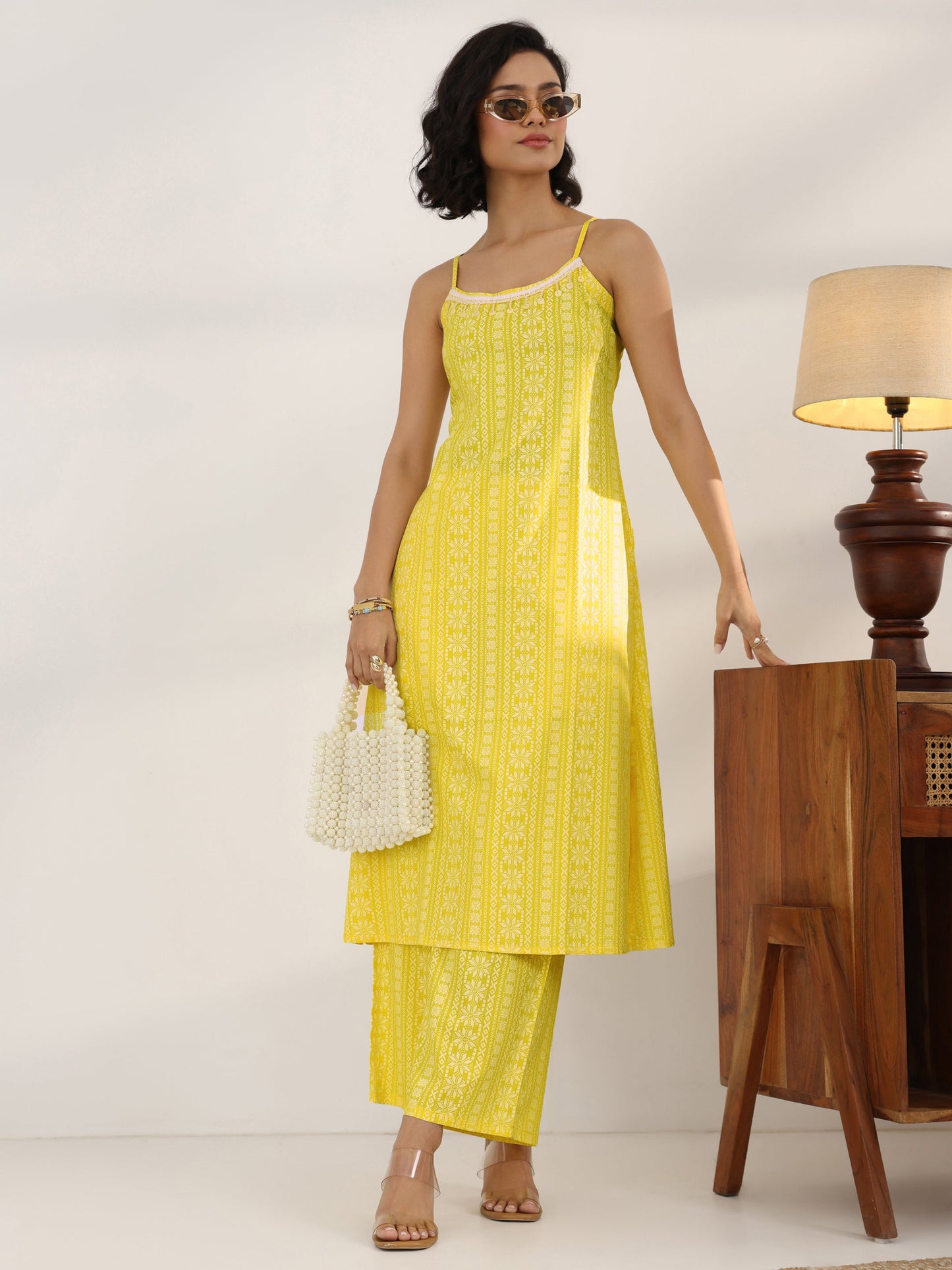 Yellow Printed Rayon A-Line Kurta Set