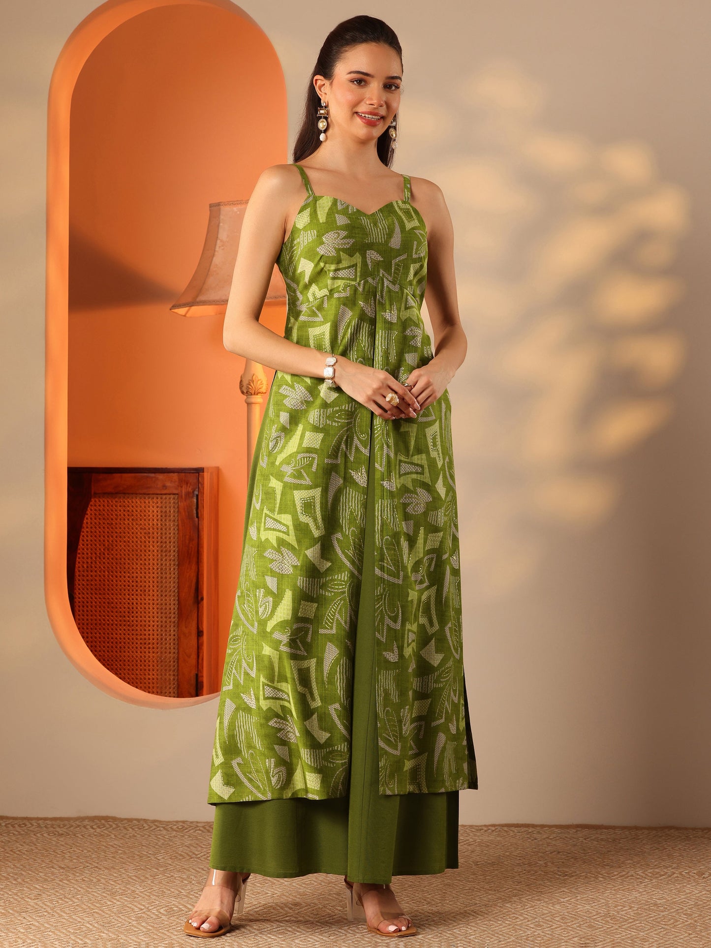 Green Printed Silk Blend Straight Kurta Set