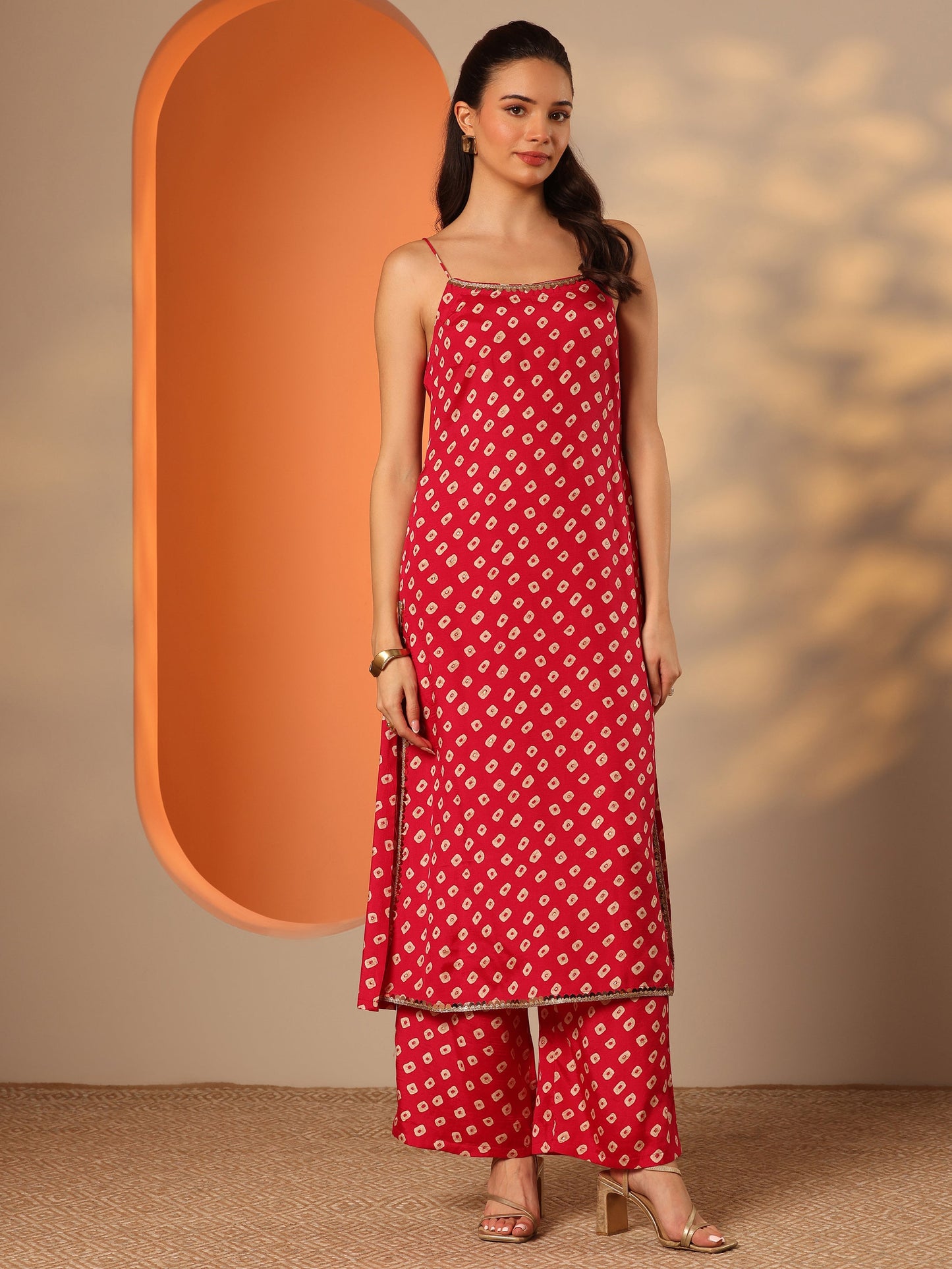 Red Printed Rayon Straight Kurta Set