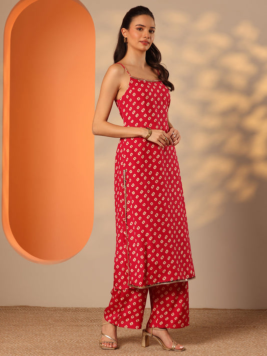 Red Printed Rayon Straight Kurta Set
