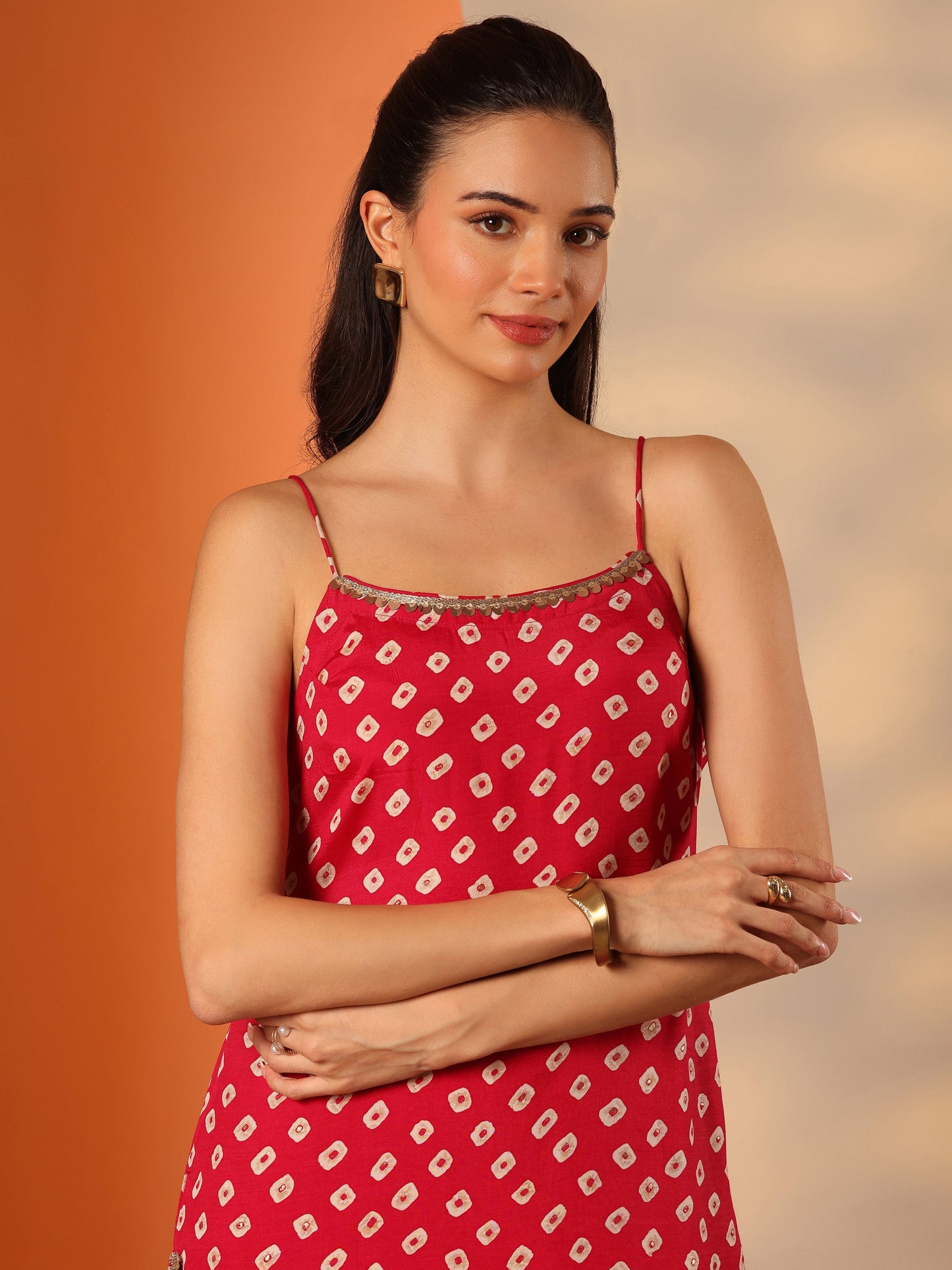 Red Printed Rayon Straight Kurta Set