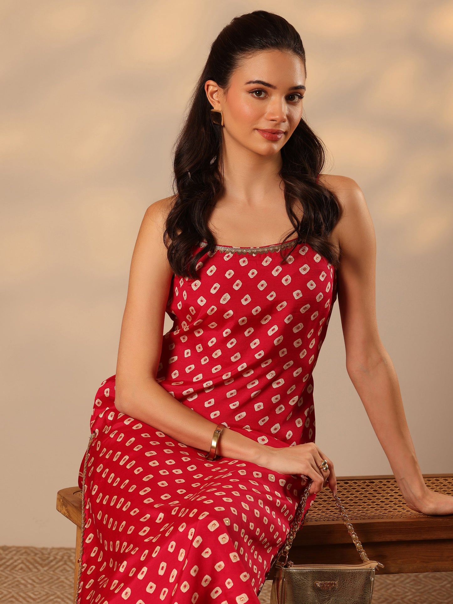 Red Printed Rayon Straight Kurta Set