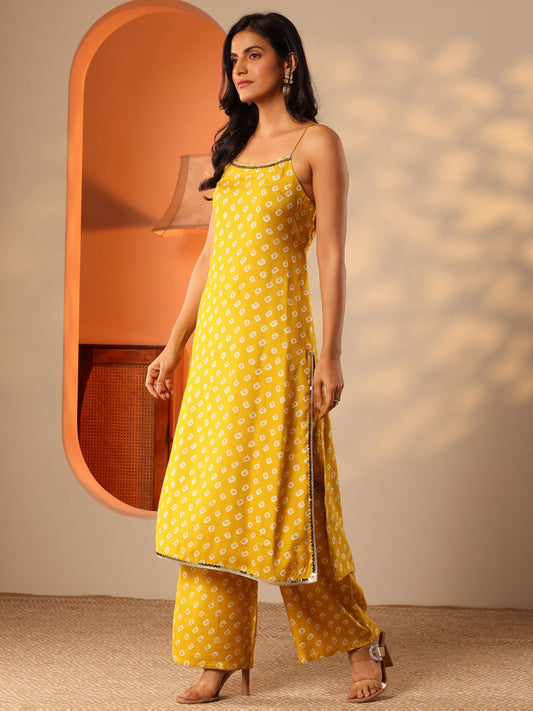 Yellow Printed Rayon Fit And Flare Kurta Set