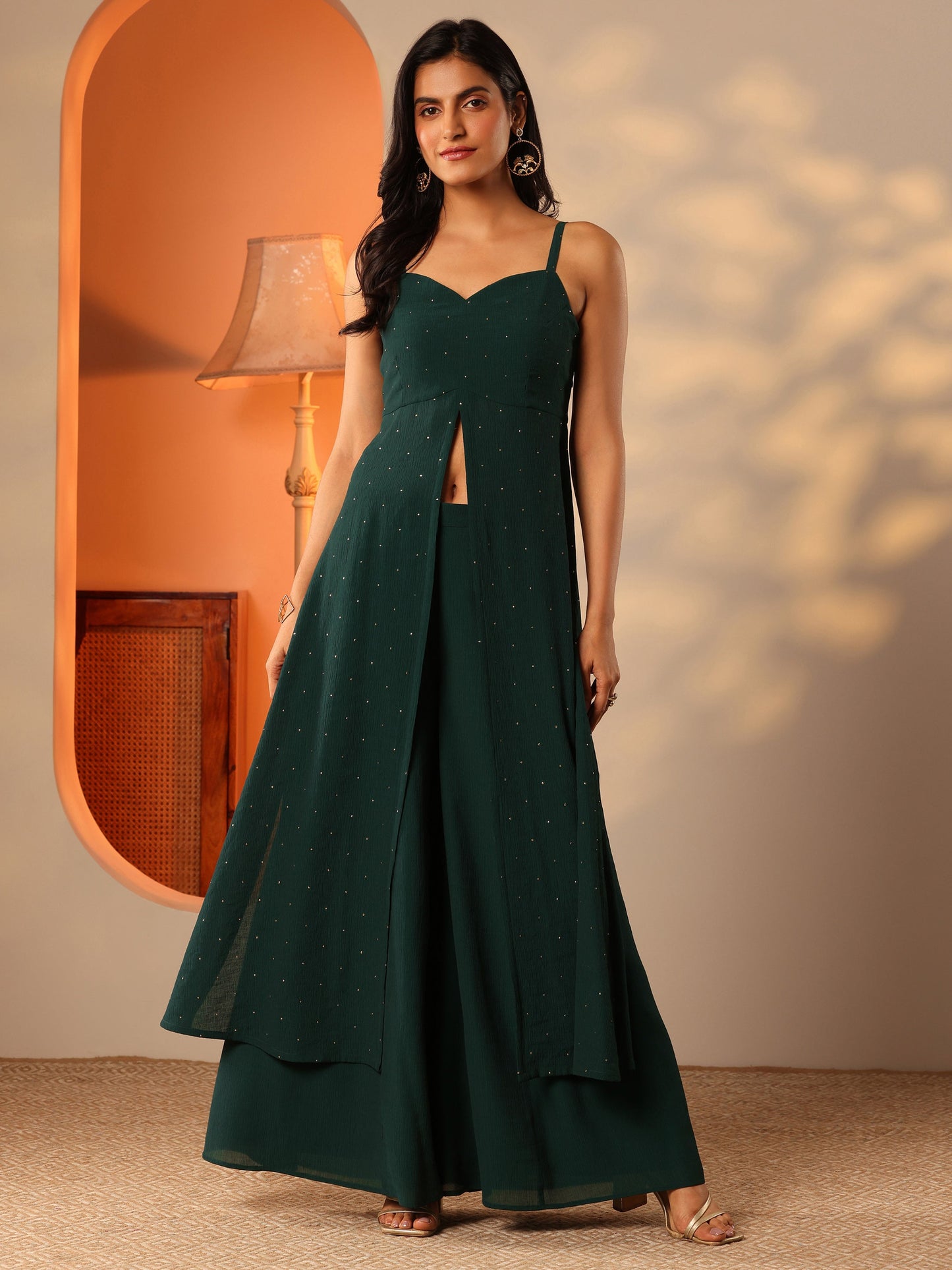 Green Embellished Silk Blend Fit And Flare Kurta Set