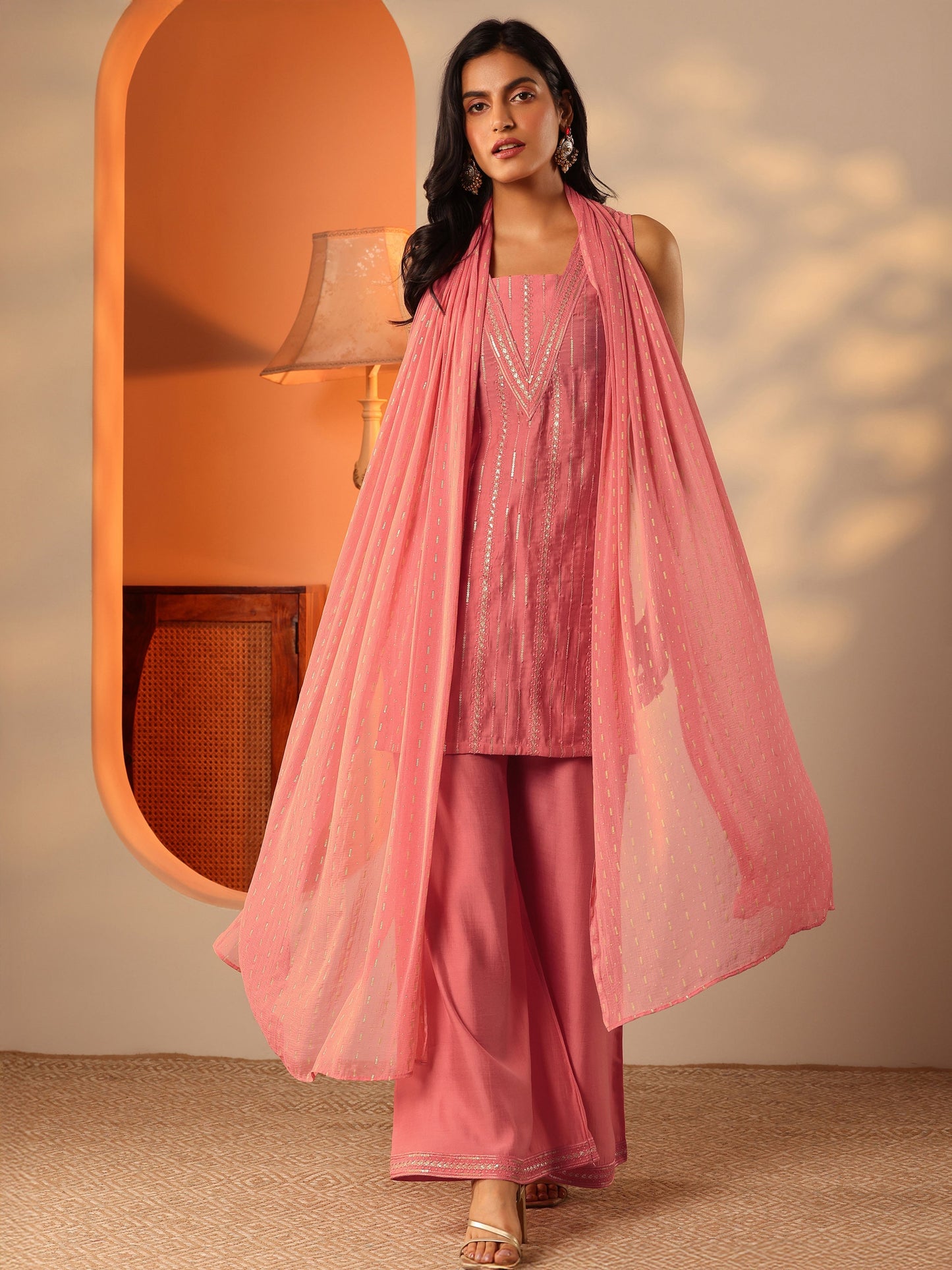 Peach Embroidered Silk Blend Straight Suit Set With Dupatta