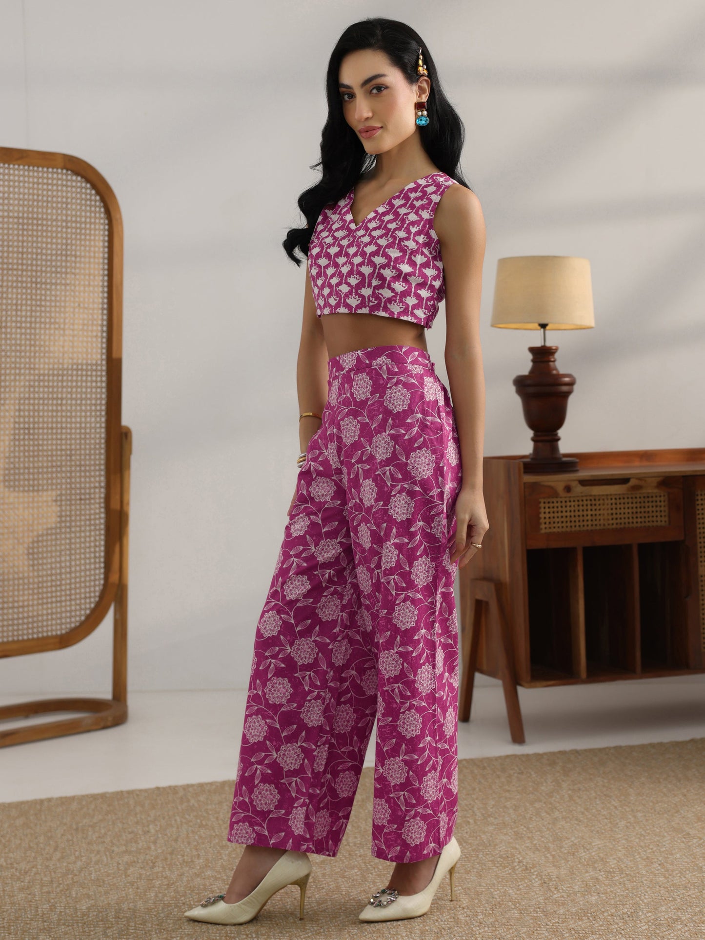 Pink Printed Cotton 3 Piece Co-Ord Set