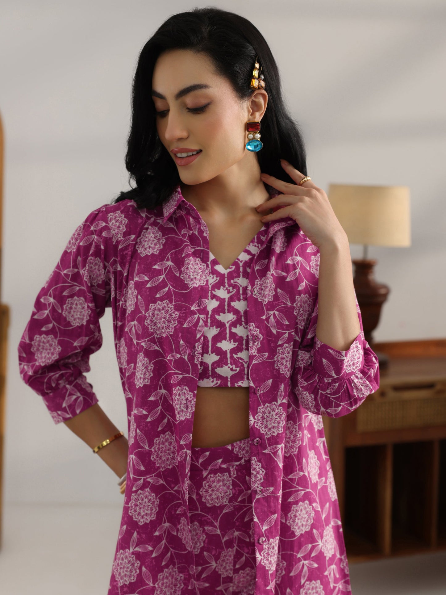 Pink Printed Cotton 3 Piece Co-Ord Set