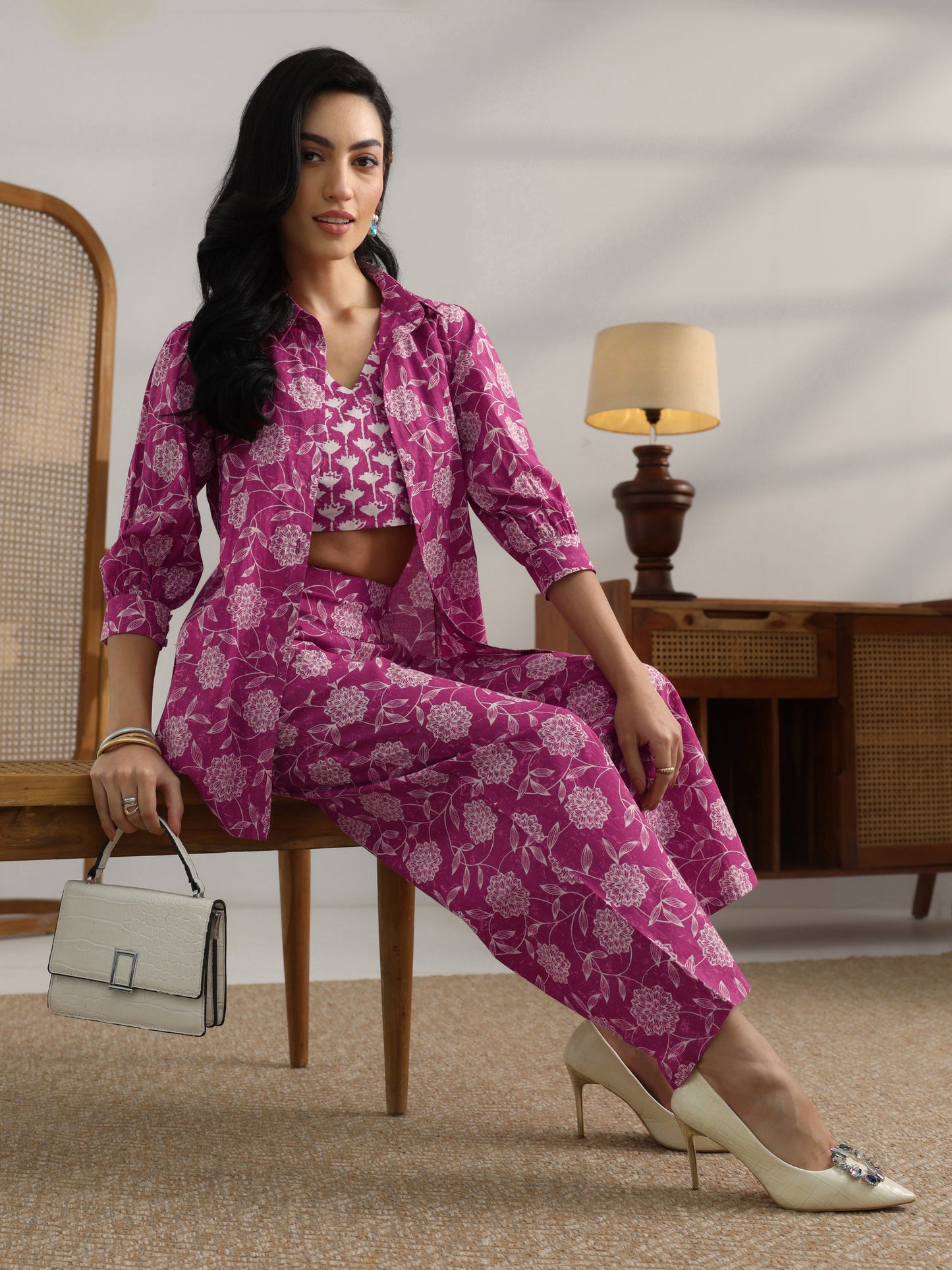 Pink Printed Cotton 3 Piece Co-Ord Set