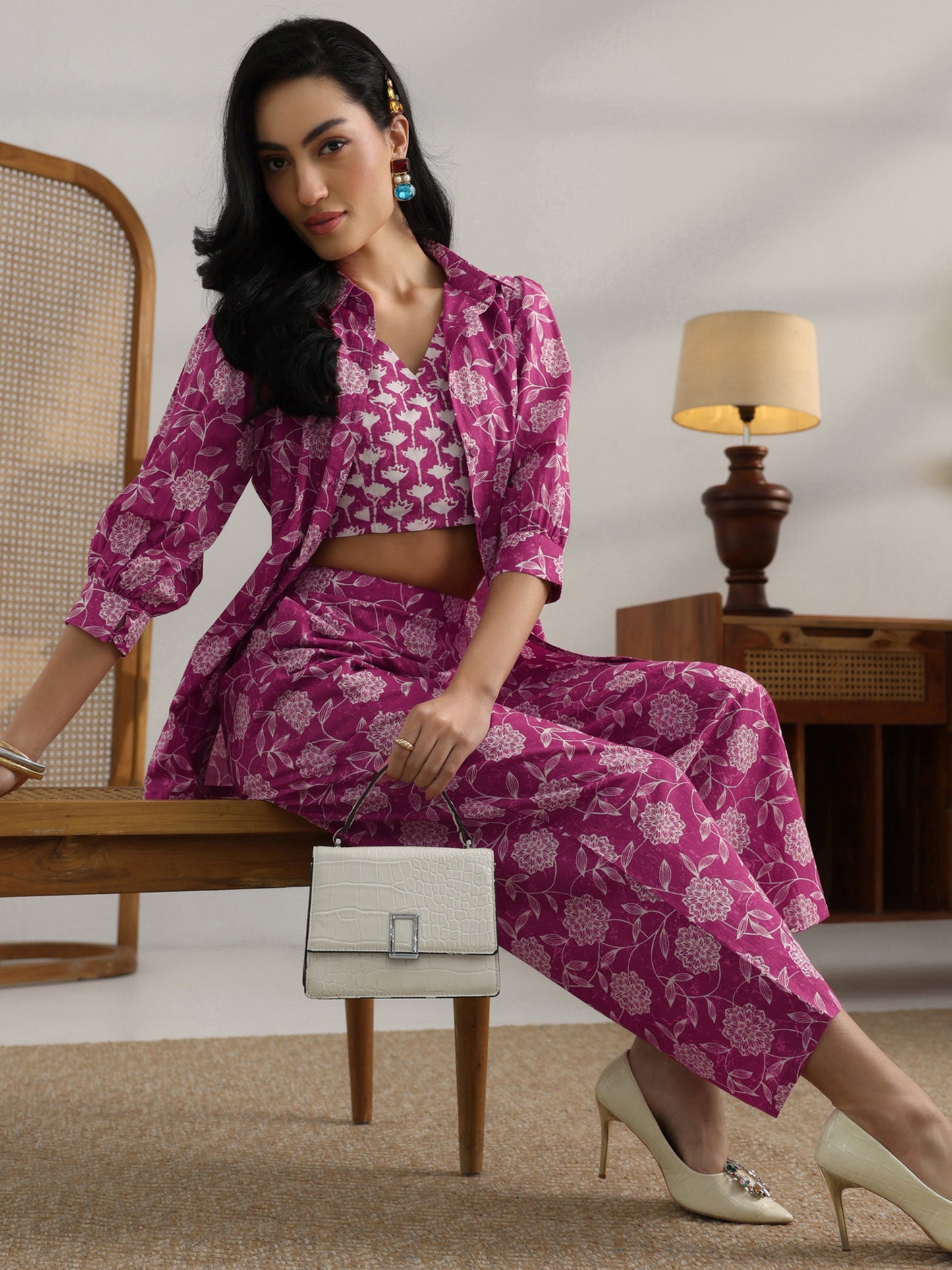 Pink Printed Cotton 3 Piece Co-Ord Set