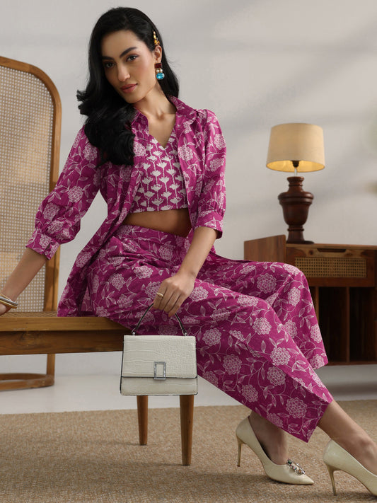 Pink Printed Cotton 3 Piece Co-Ord Set