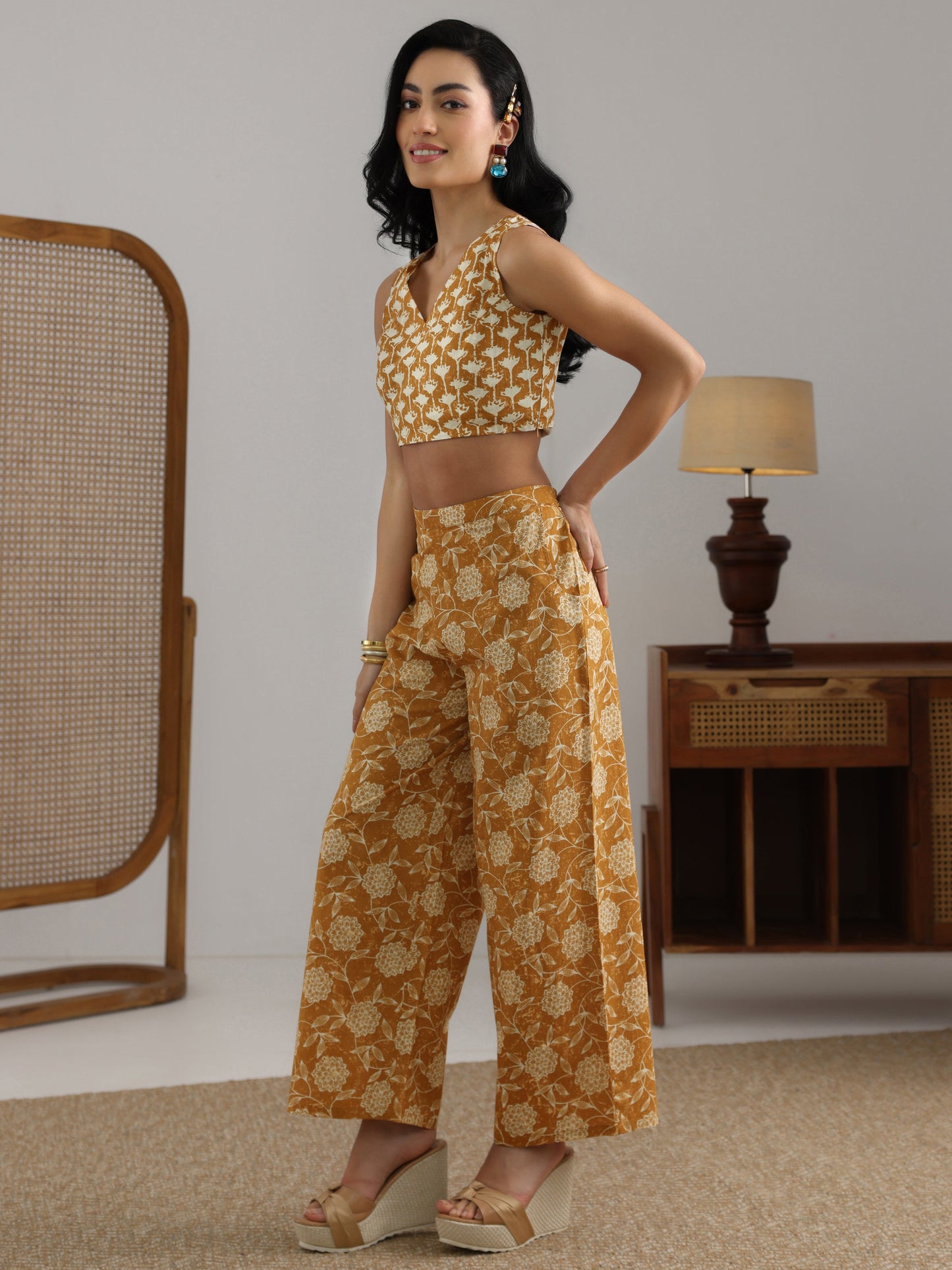 Mustard Printed Cotton 3 Piece Co-Ord Set