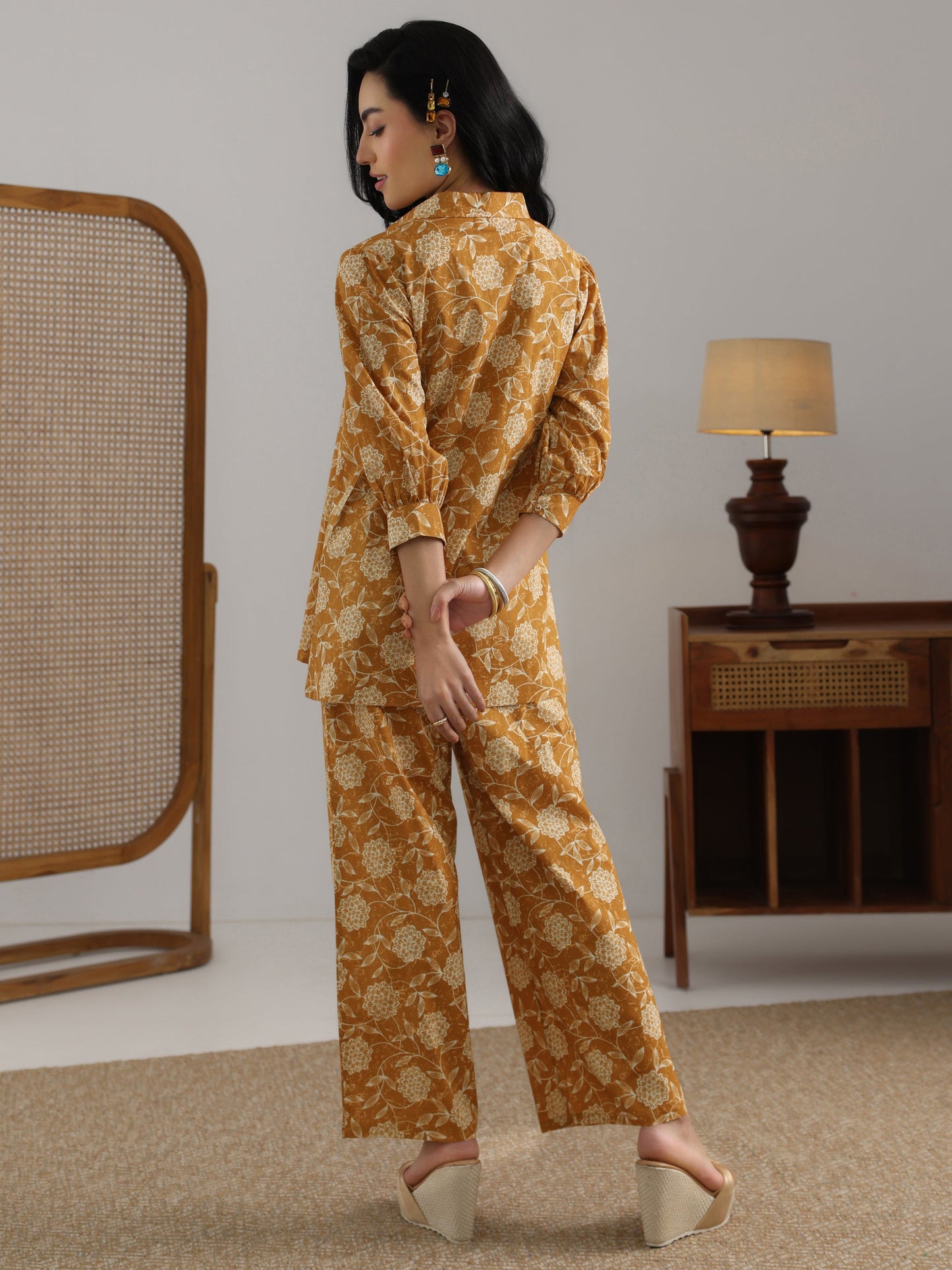 Mustard Printed Cotton 3 Piece Co-Ord Set