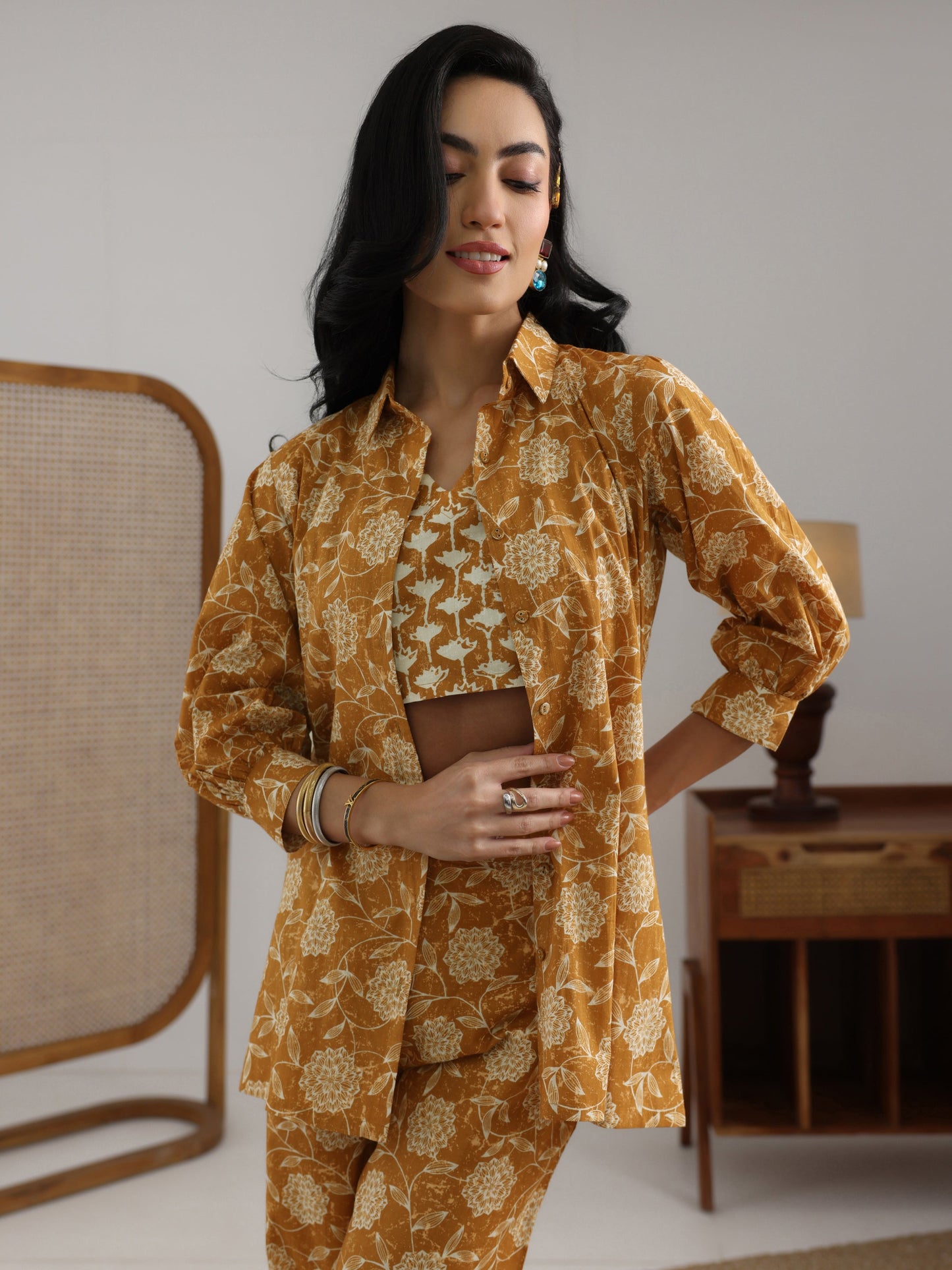 Mustard Printed Cotton 3 Piece Co-Ord Set