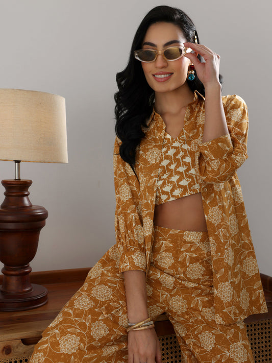 Mustard Printed Cotton 3 Piece Co-Ord Set
