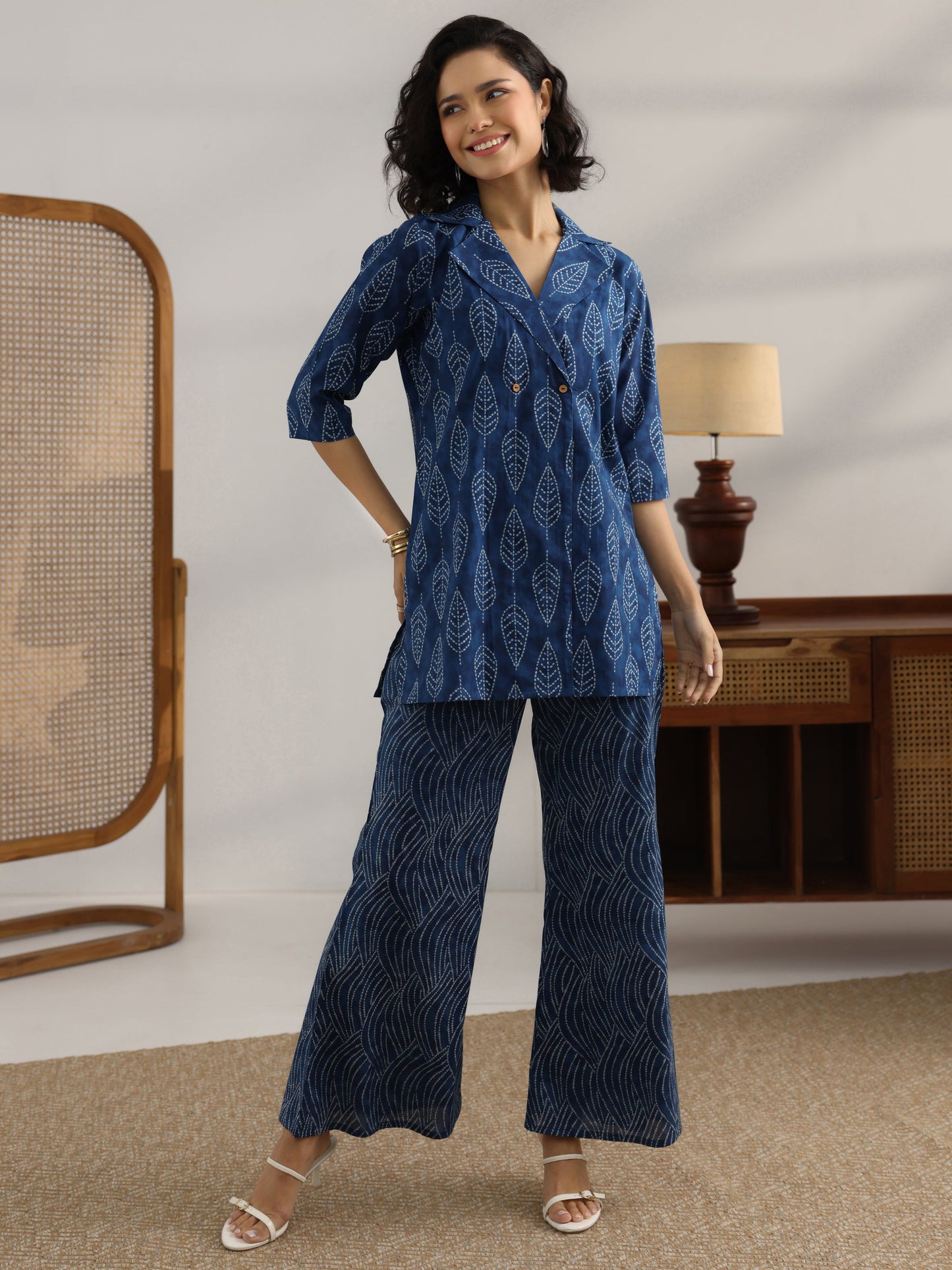 Blue Printed Cotton Straight Co-Ord Sets