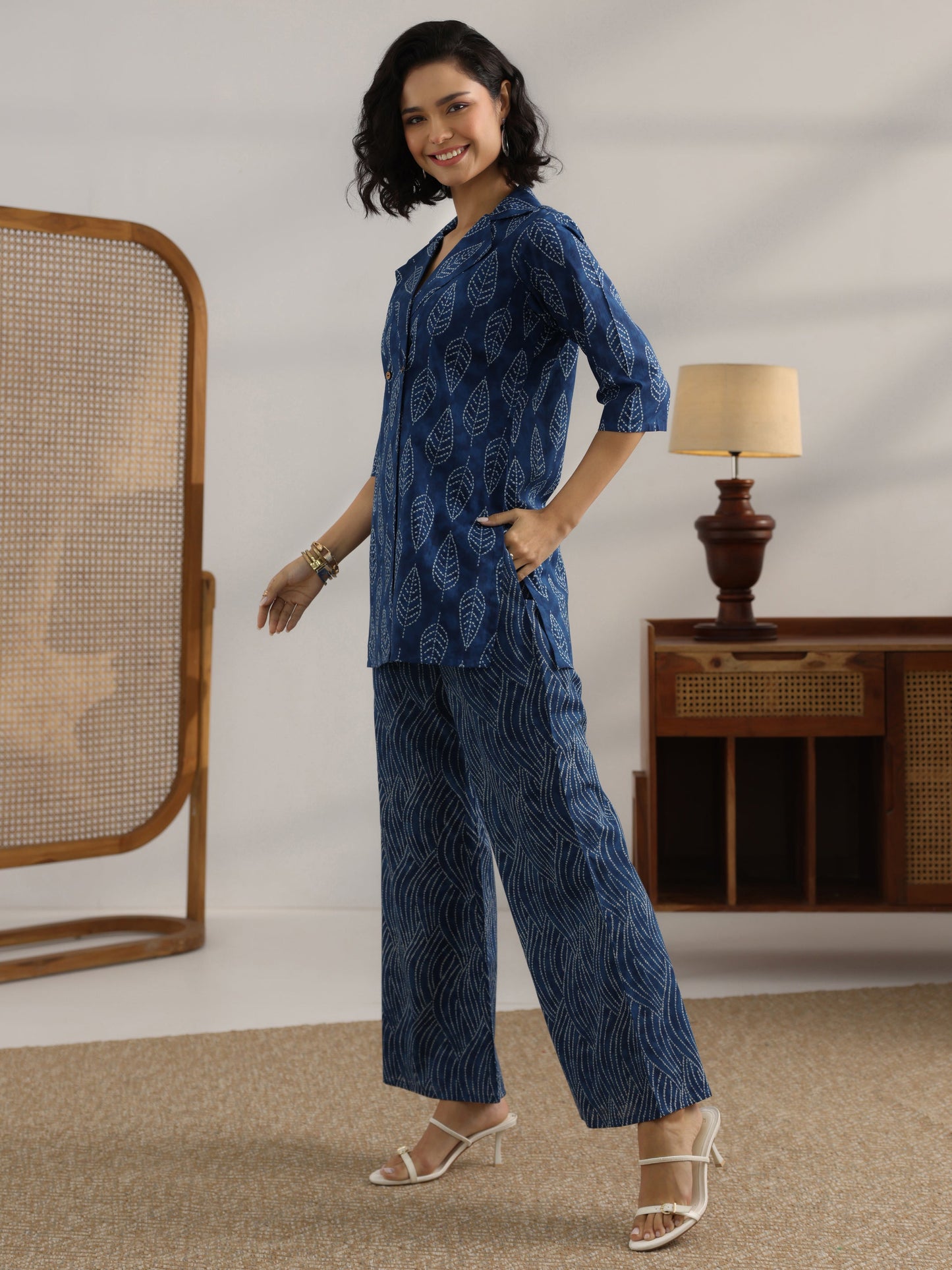 Blue Printed Cotton Straight Co-Ord Sets