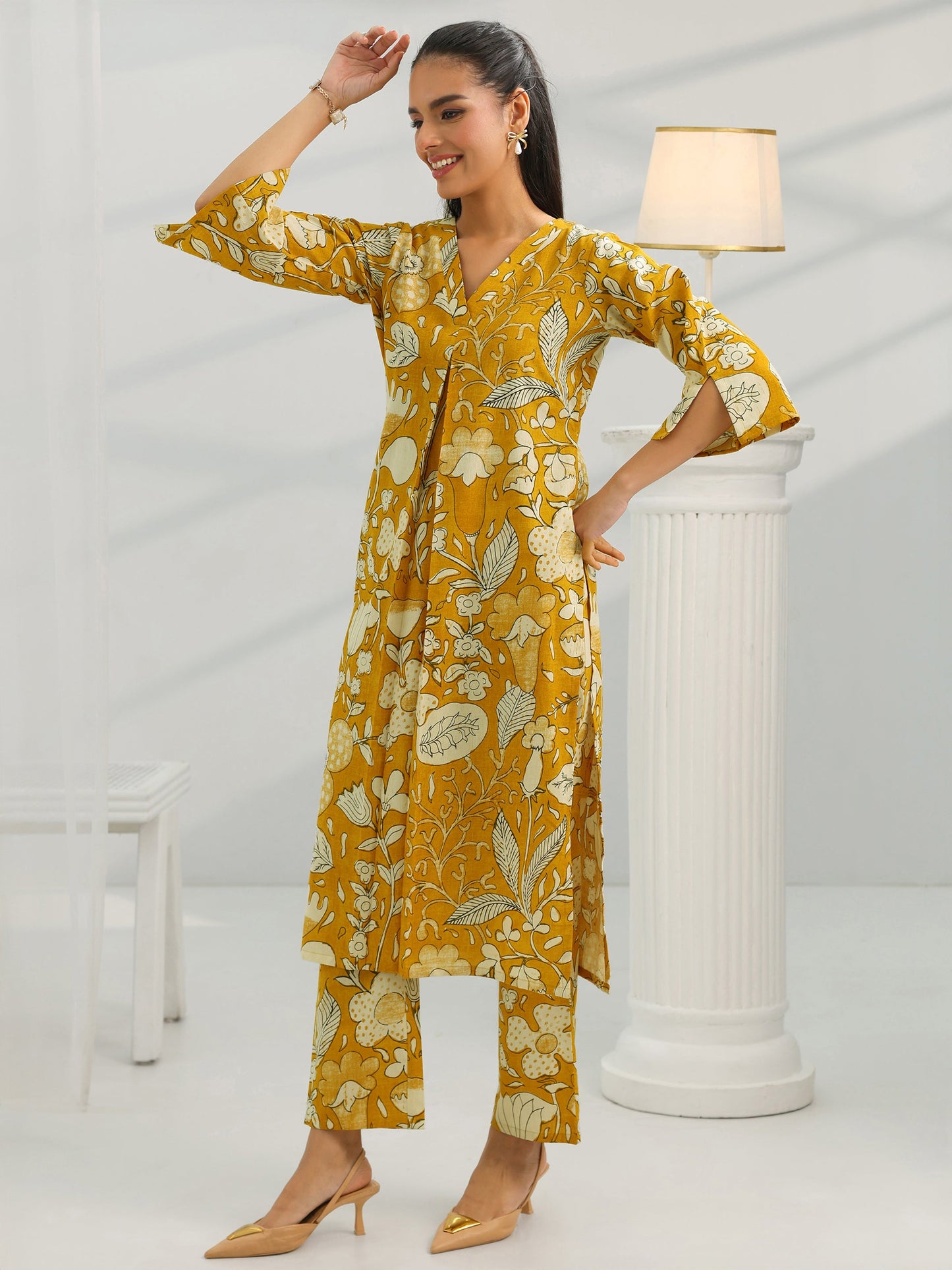 Mustard Printed Cotton Straight Kurta Set